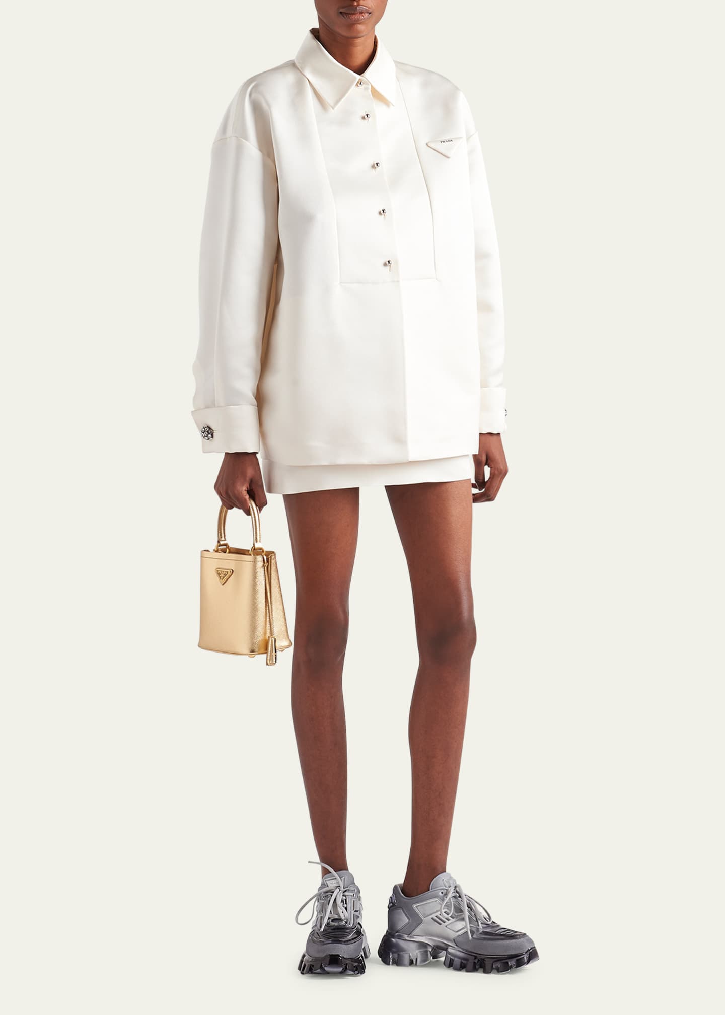 Prada Boxy Crystal Button Satin Double Shirt Image 2 of 4