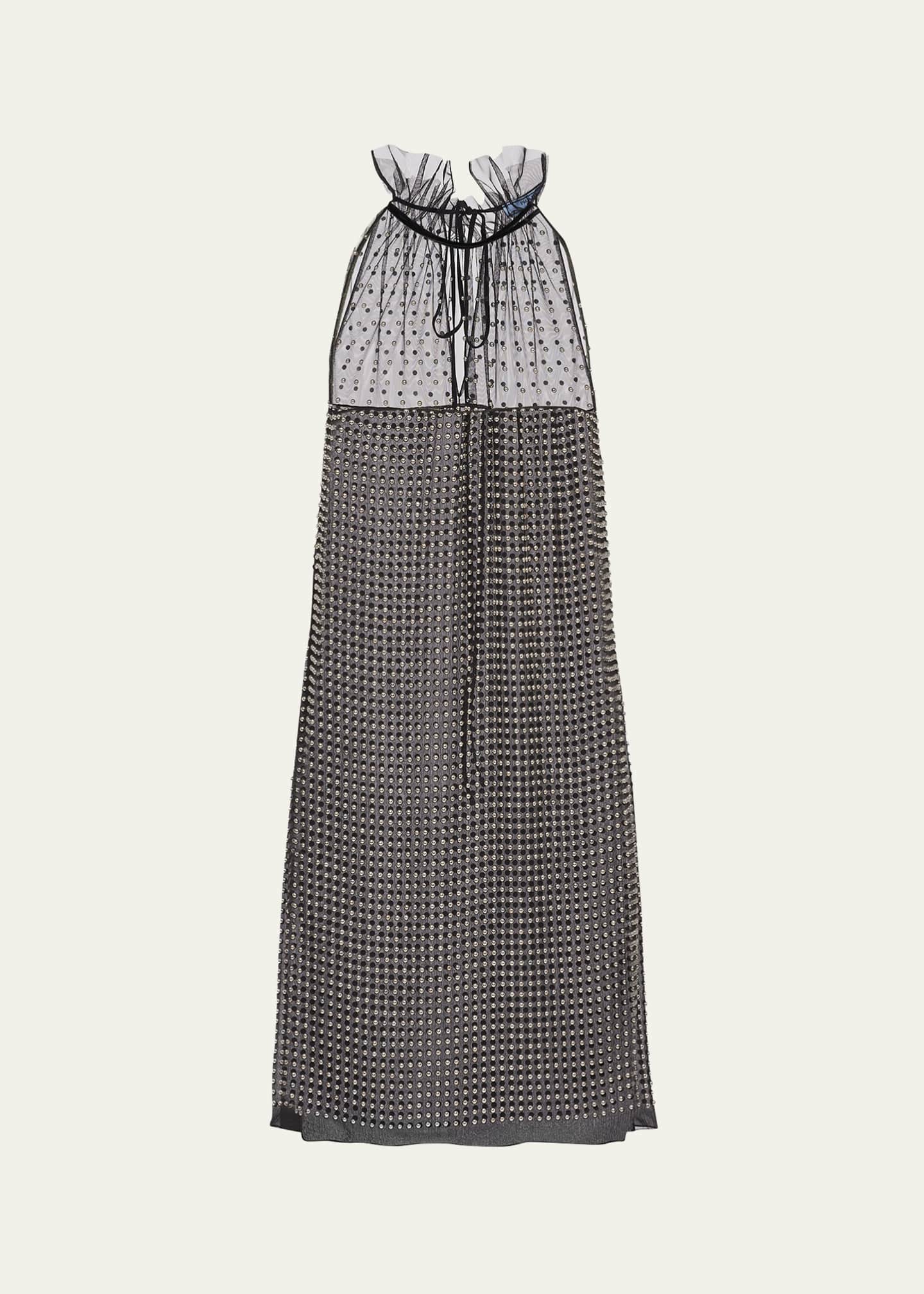 Prada Studded Chiffon Ruffle Neck Mini Dress