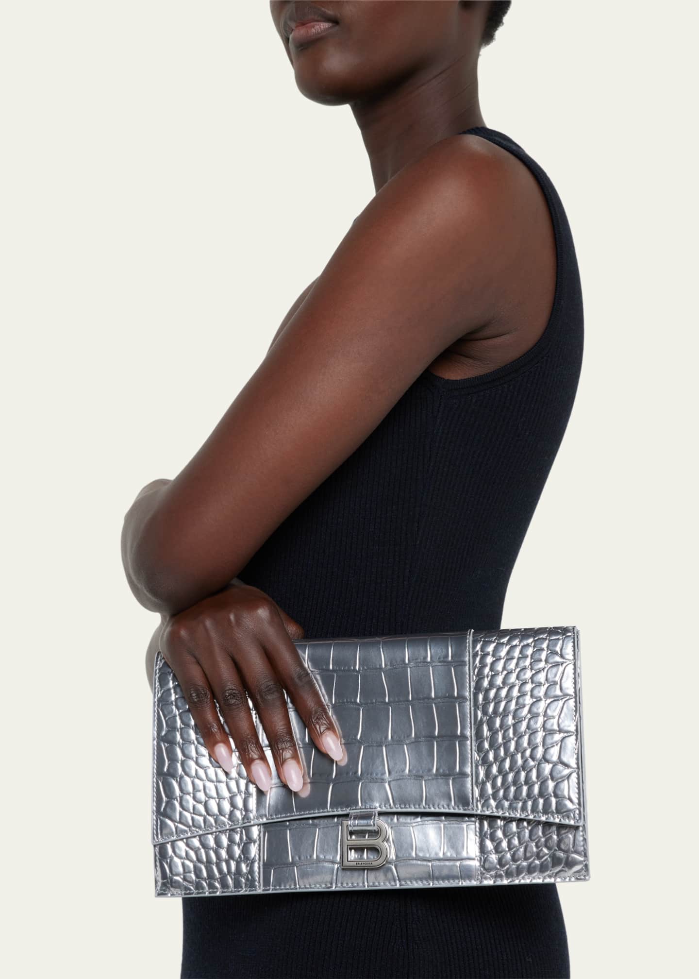 Balenciaga Hourglass Metallic Croc Embossed Clutch Bag