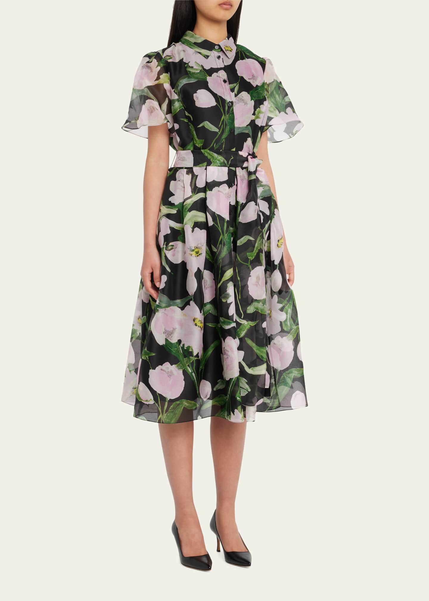 Carolina Herrera Floral Print Collared Midi Dress w/ Tie Belt ...