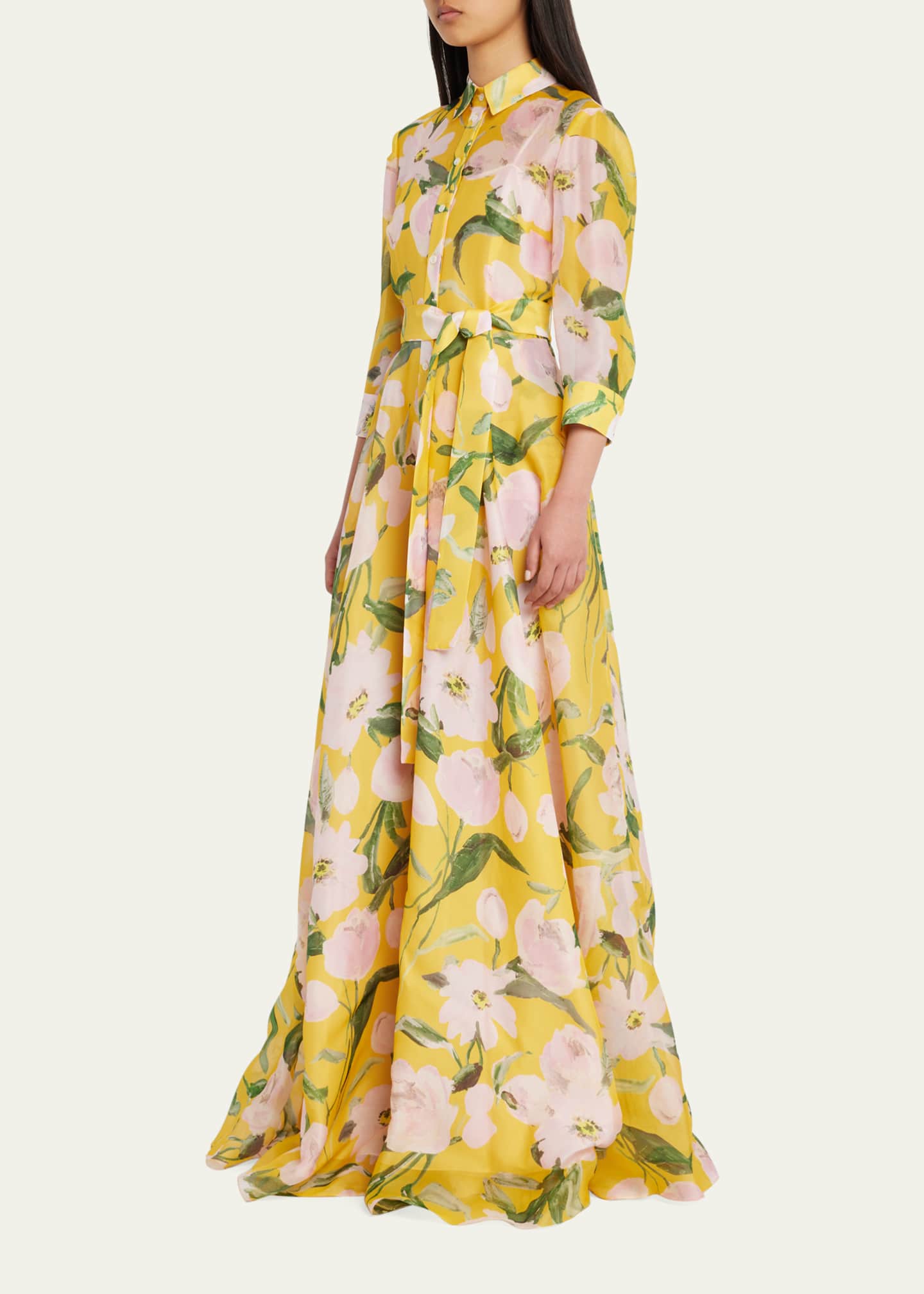 Carolina Herrera Floral Print ButtonFront Trench Gown with Tie Belt