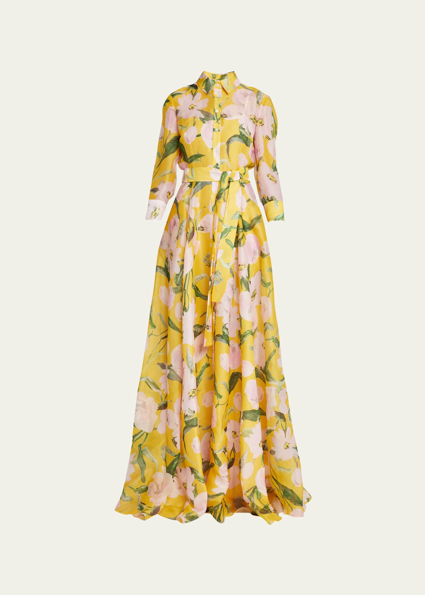 Carolina Herrera Floral Print Button-Front Trench Gown with Tie Belt ...