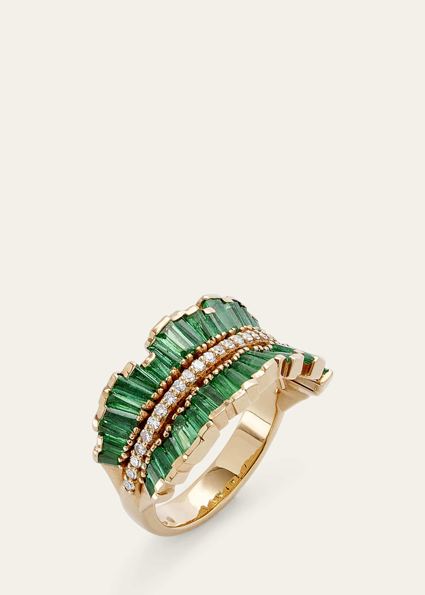 Nak Armstrong Double Ruched Ribbon Ring with Emerald and Diamonds Image 3 of 4