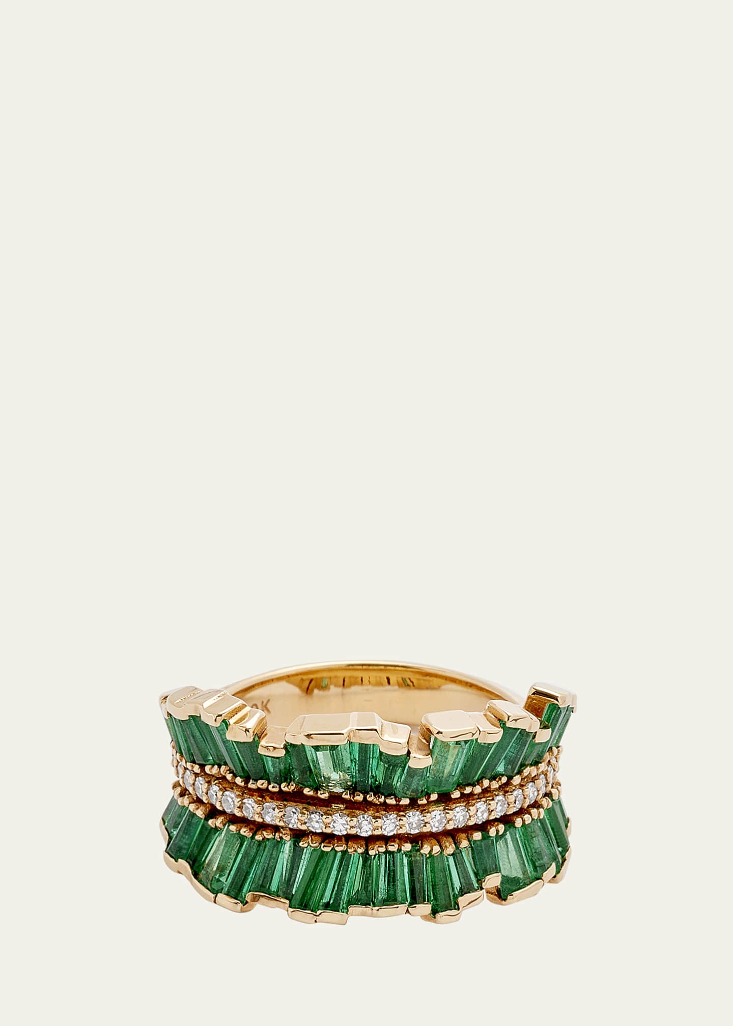 Nak Armstrong Double Ruched Ribbon Ring with Emerald and Diamonds Image 1 of 4