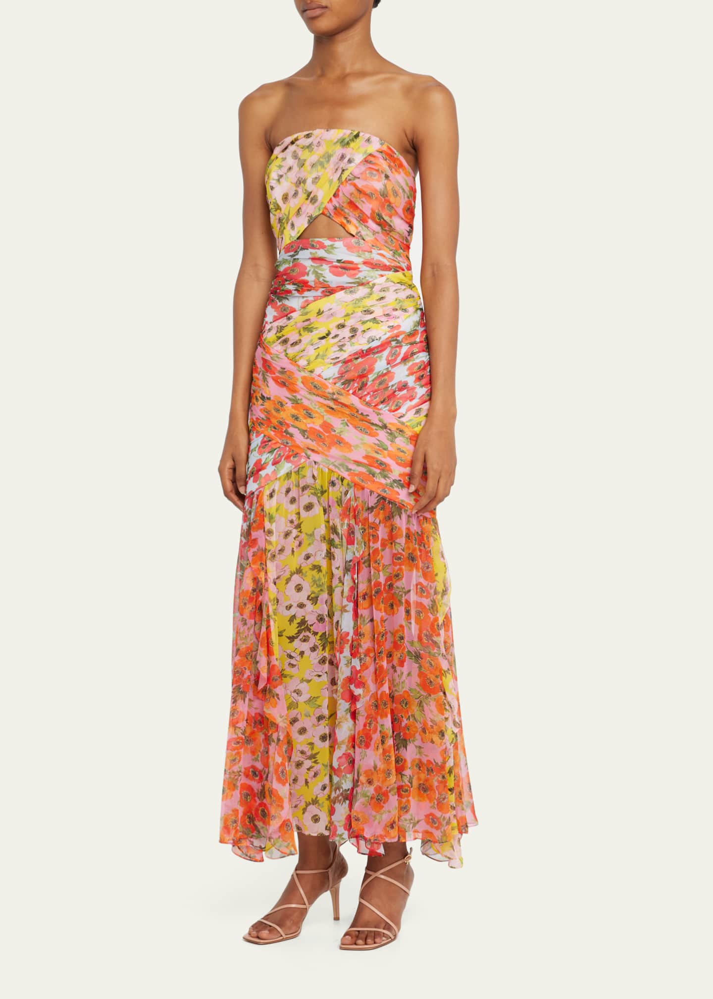 Carolina Herrera Floral Print Bustier Midi Dress w/ Front Cutout