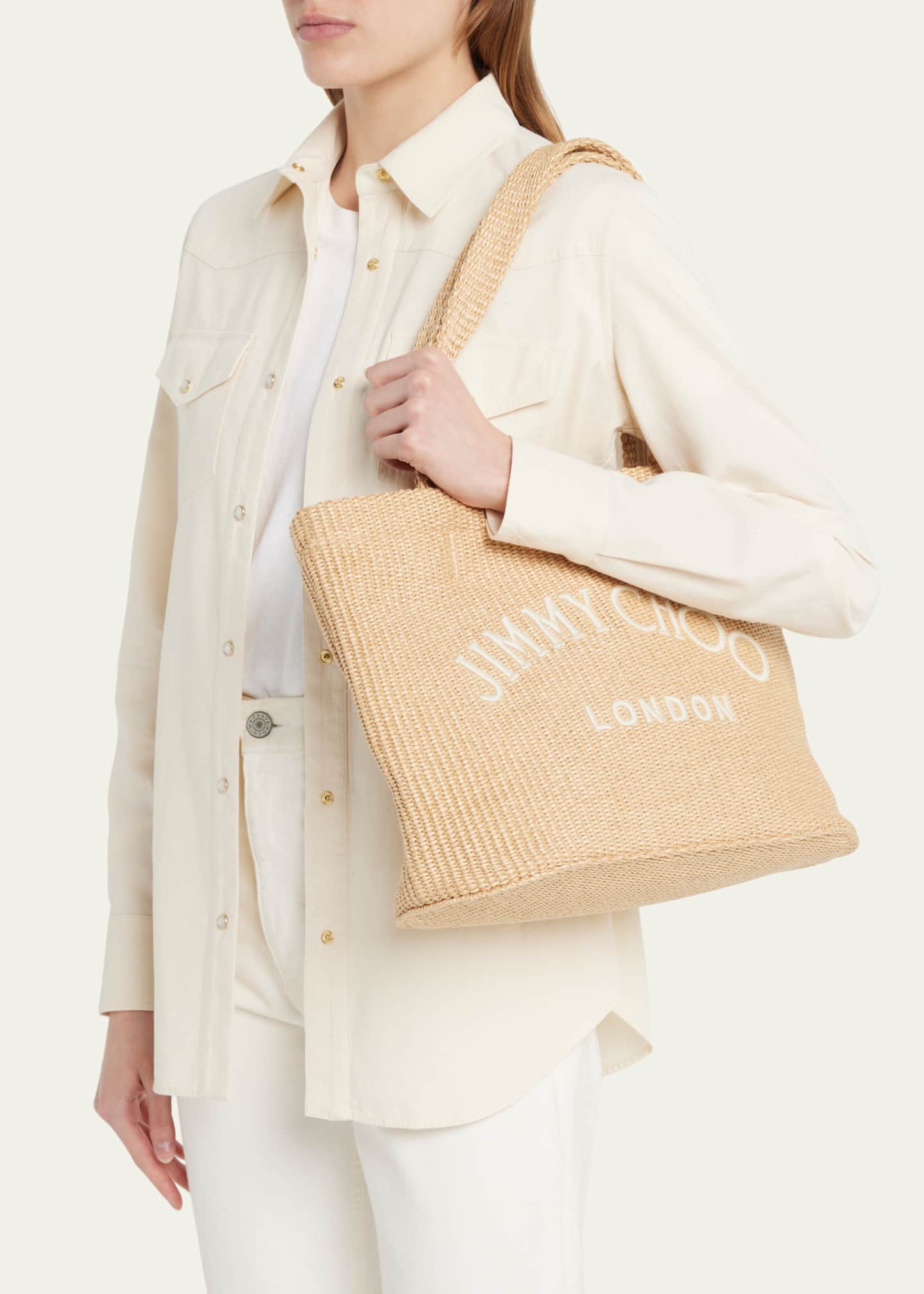Jimmy Choo Logo Beach Raffia East-West Tote Bag