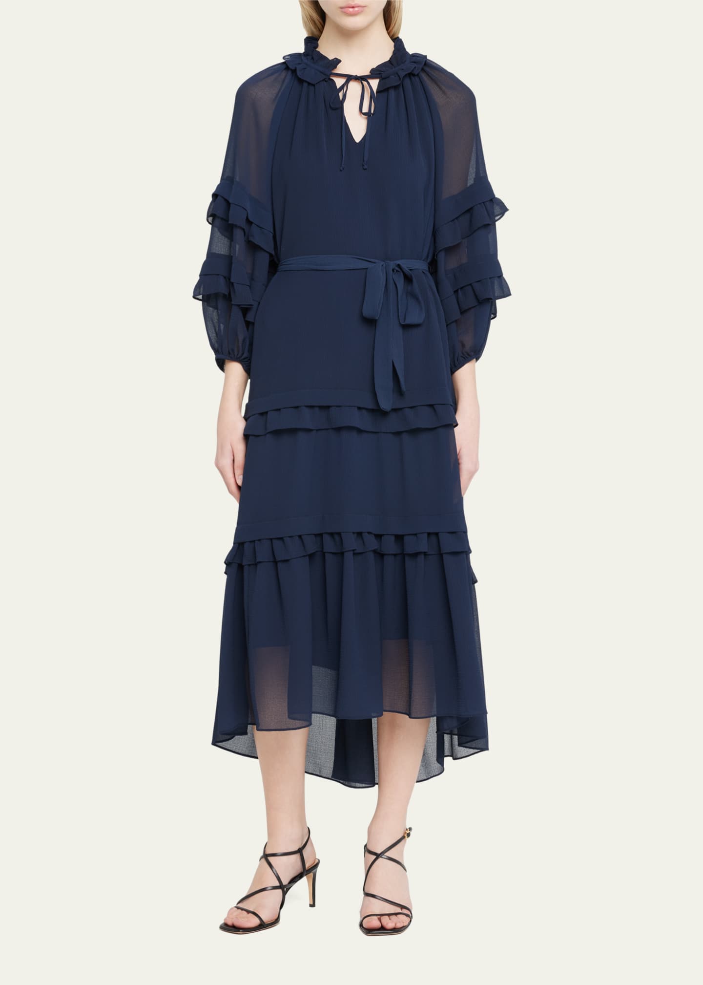 blouson sleeve midi dress in organza check