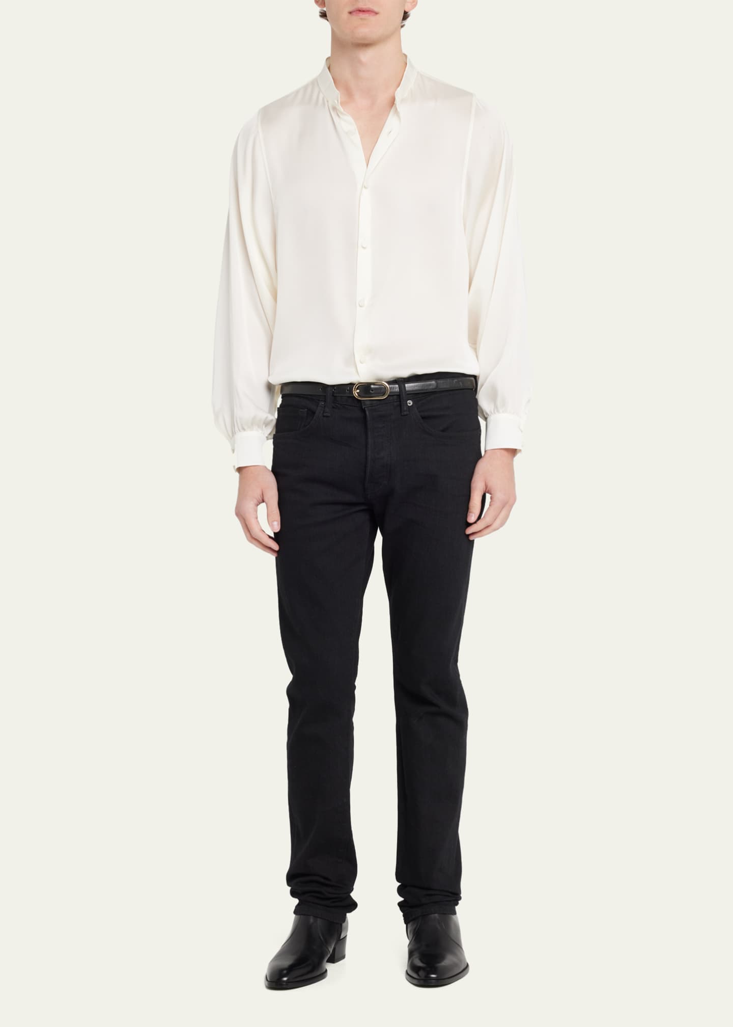 Saint Laurent Men's Band-Collar Charmeuse Blouse Shirt Image 2 of 5