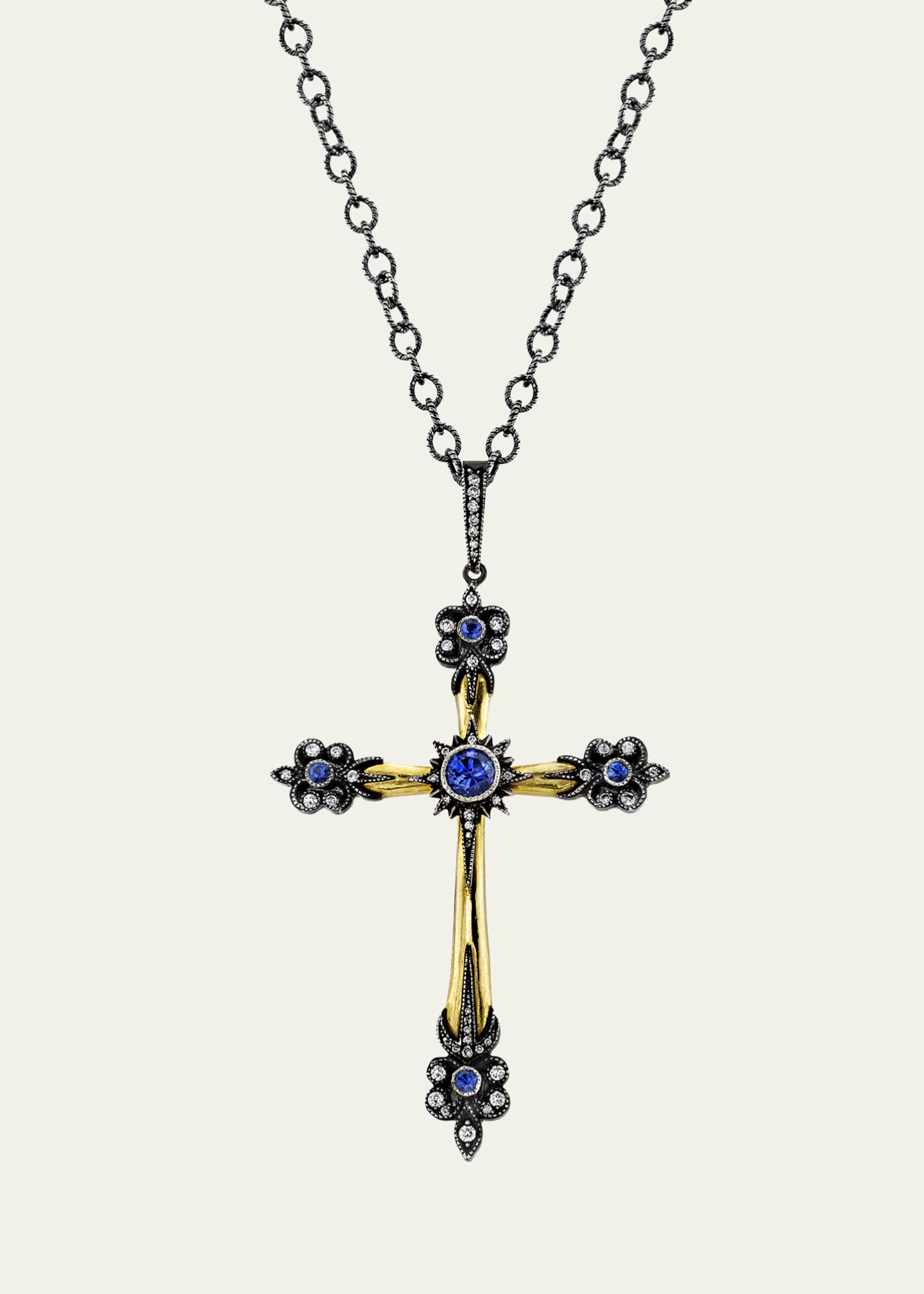 Arman Sarkisyan Sapphire and Diamond Cross Pendant on Oxidized Silver Chain