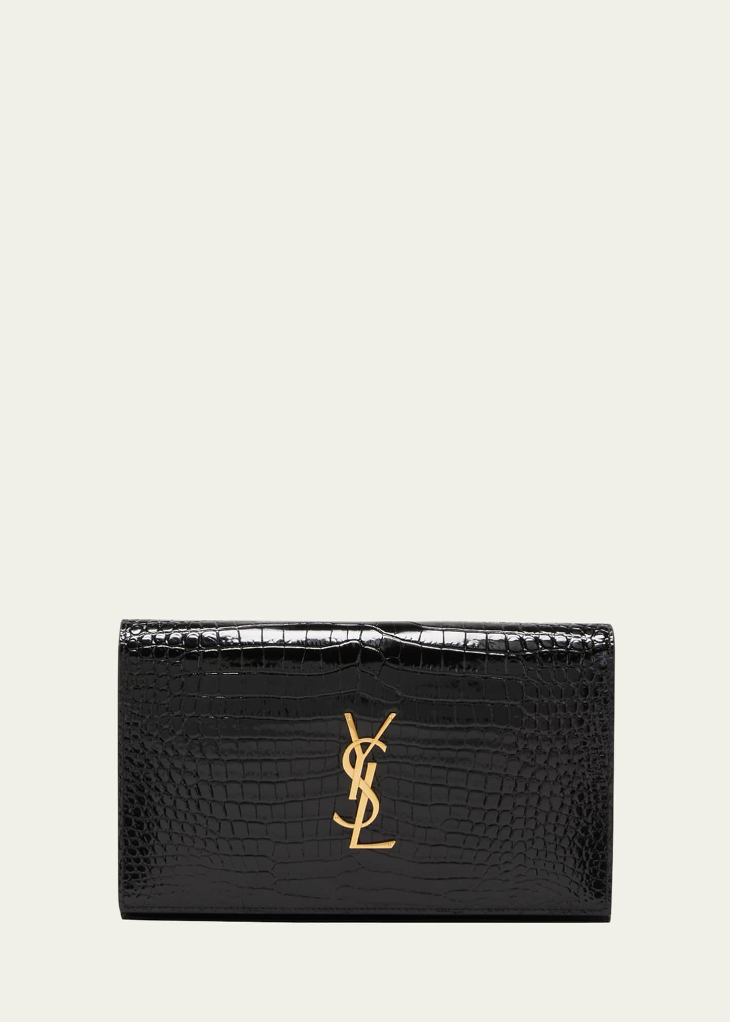 Saint Laurent Ysl Croc-Embossed Leather Wallet on Chain