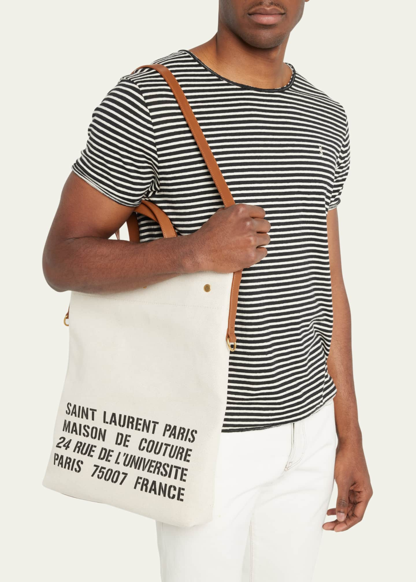 Saint Laurent UNIVERSITE North/South Foldable Tote Bag in Canvas and Smooth Leather - White - Men