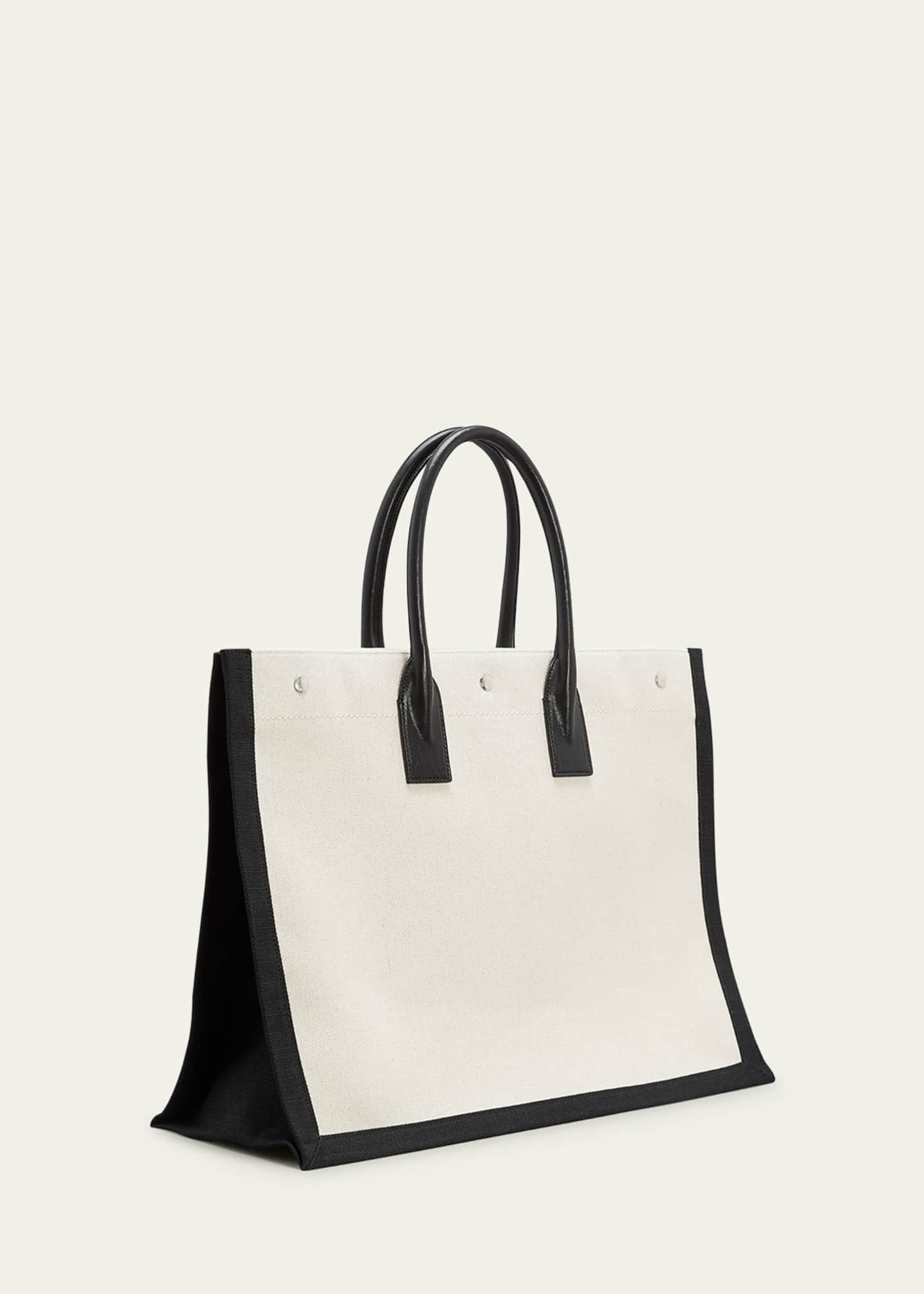 Saint Laurent Rive Gauche Medium White And Black Linen Tote Bag New
