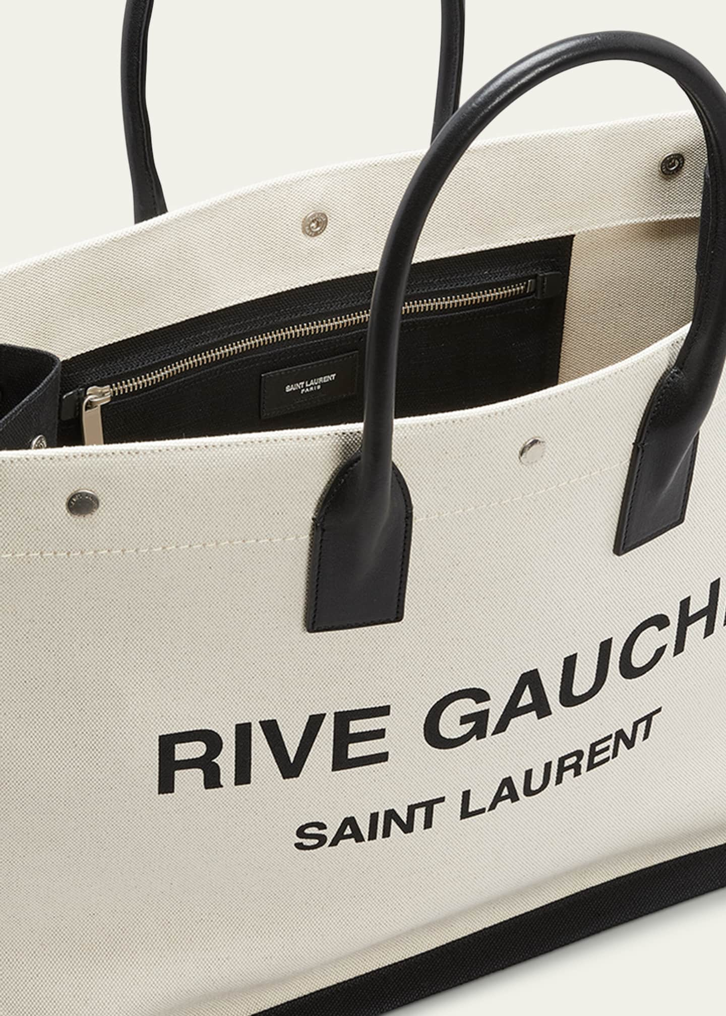 SAINT LAURENT Linen Calfskin Rive Gauche Bucket Bag Greggio