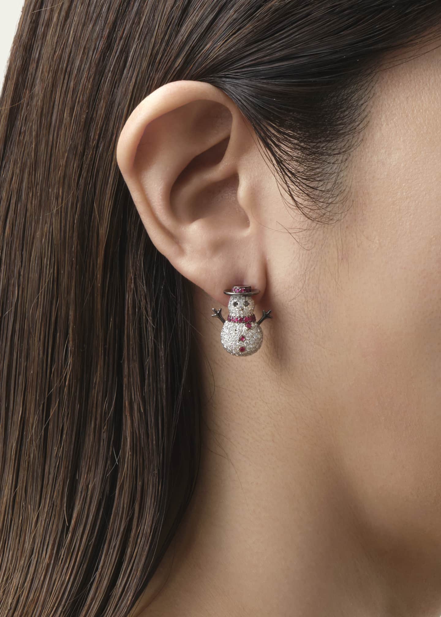 Mio Harutaka White Gold Snowman Single Earring with Diamonds, Rubies, and Black Diamonds Image 2 of 3