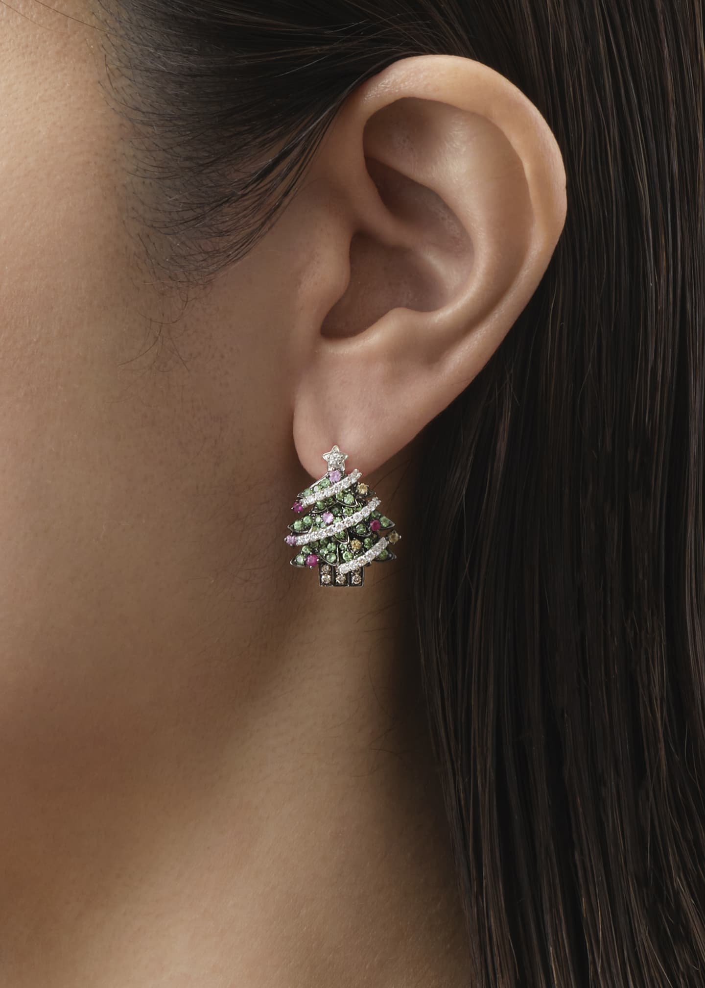 Mio Harutaka White Gold Christmas Tree Single Earring with Green Garnet and Sapphires Image 2 of 3