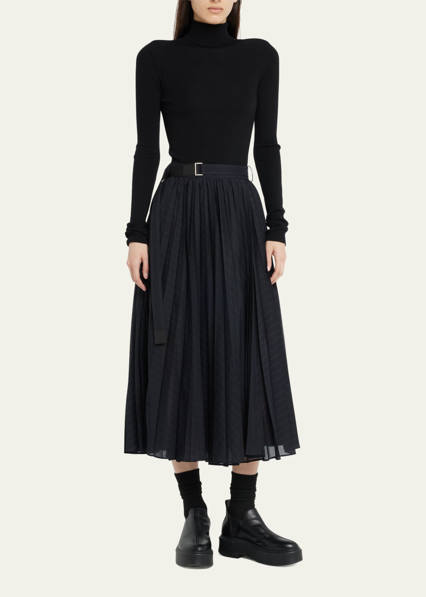 Sacai wool Pleated flare skirt 18-04029 Brown x blue 1