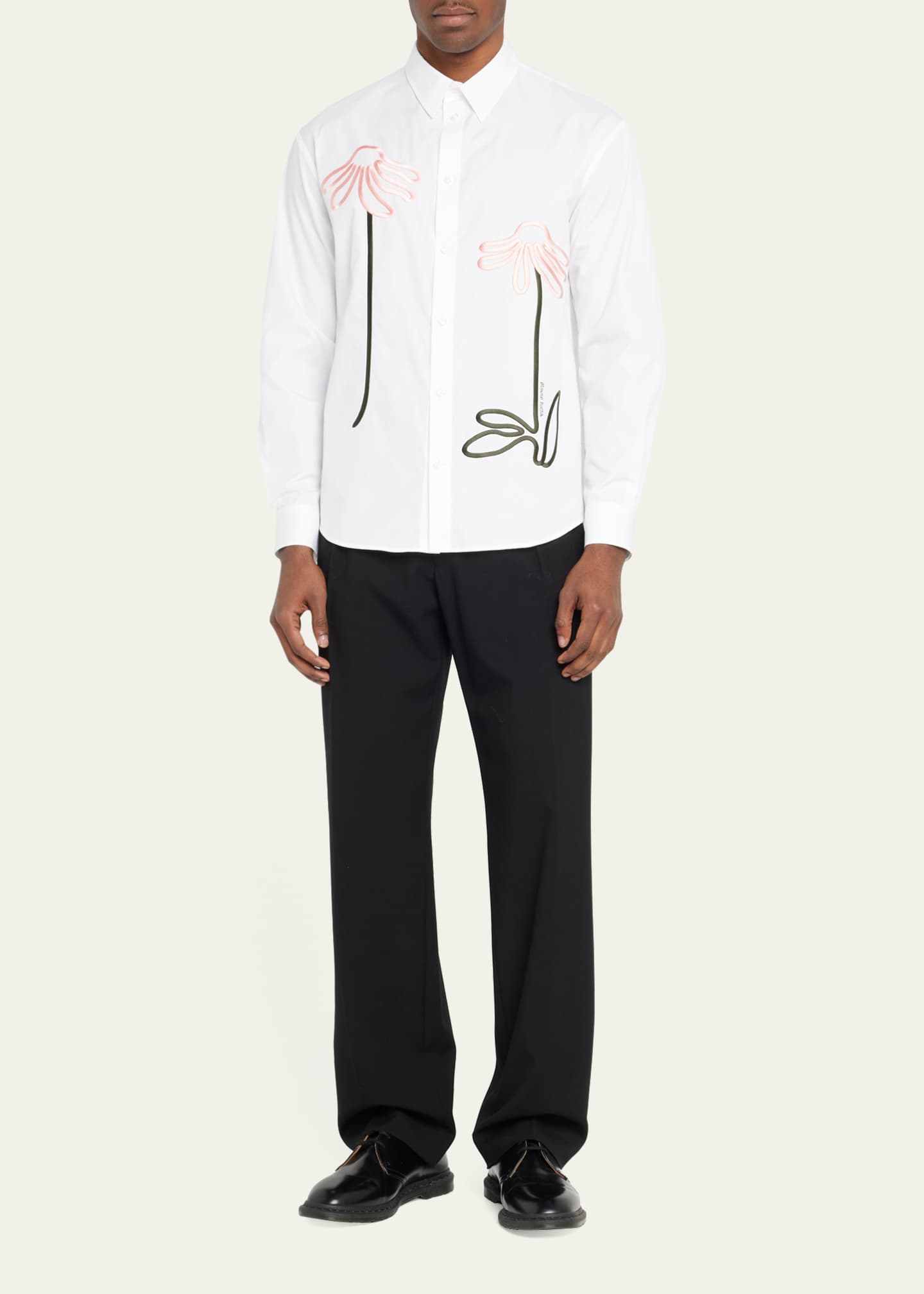 Simone Rocha Men's Poplin Flower Embroidered Sport Shirt Bergdorf Goodman