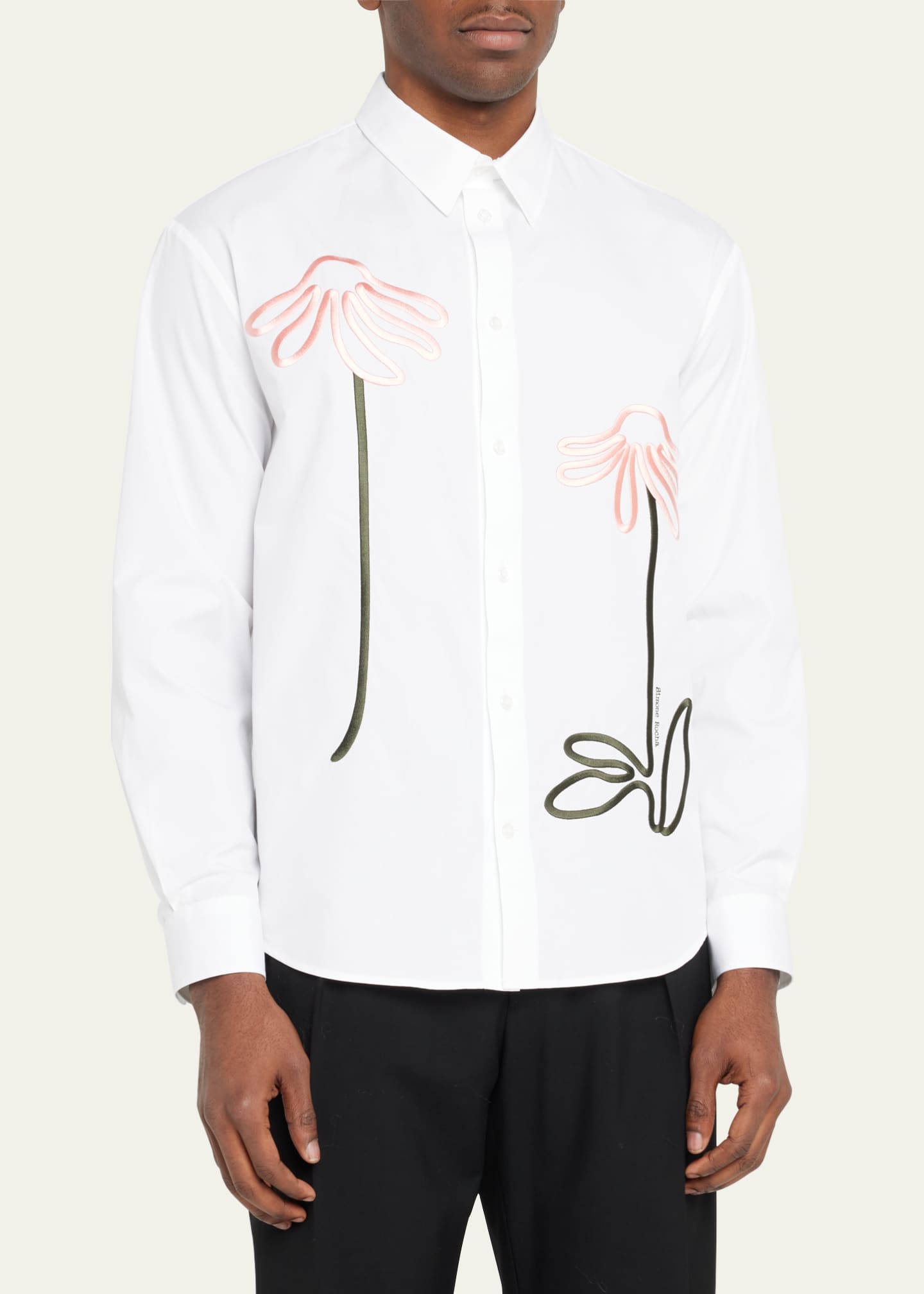 Simone Rocha Men's Poplin Flower Embroidered Sport Shirt Bergdorf Goodman
