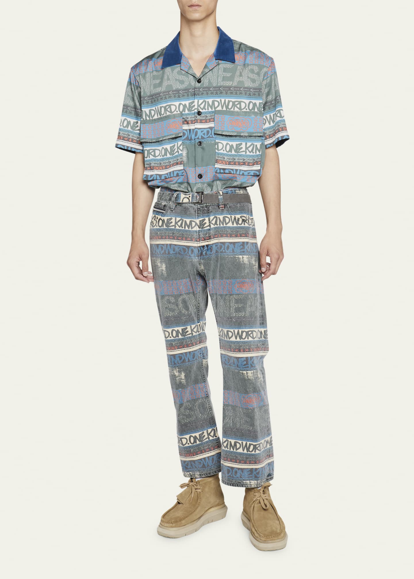 SACAI Men's x Eric Haze Faded Stripe Printed Denim Jeans