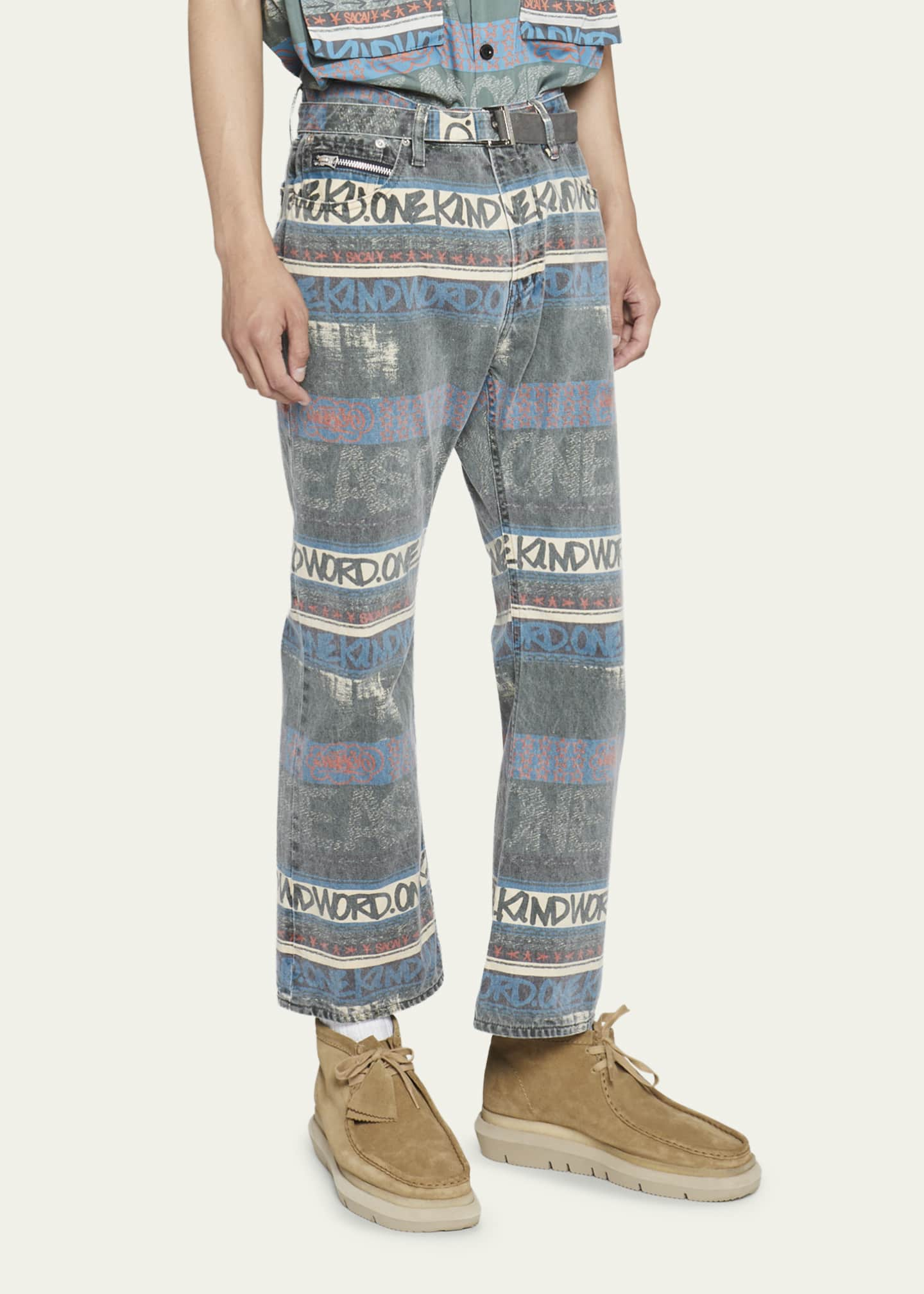 SACAI Men's x Eric Haze Faded Stripe Printed Denim Jeans