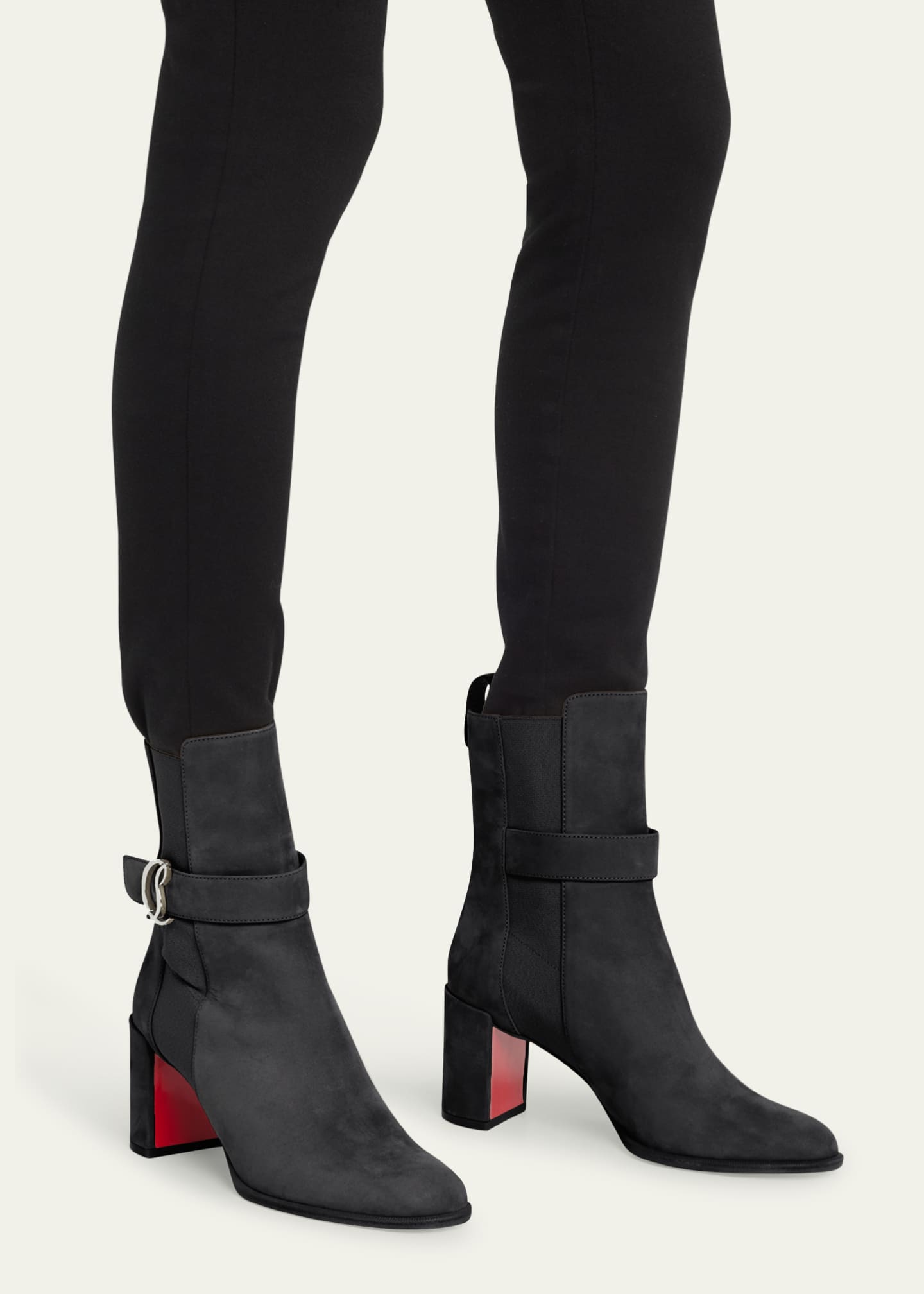 Christian Louboutin Leather Buckle Red Lug Sole Chelsea Booties