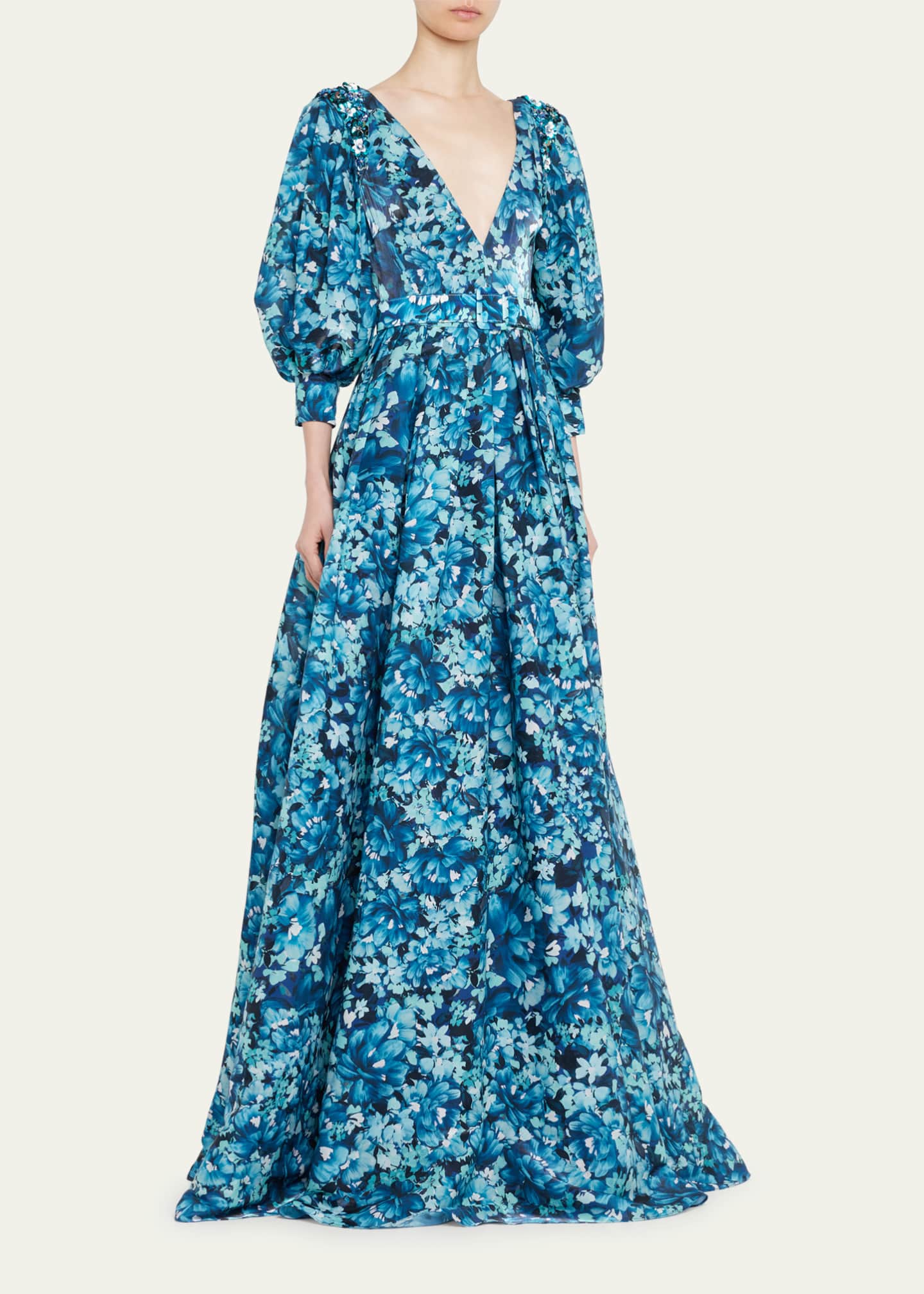 Badgley Mischka Collection Pleated Puff-Sleeve Floral-Print Gown ...