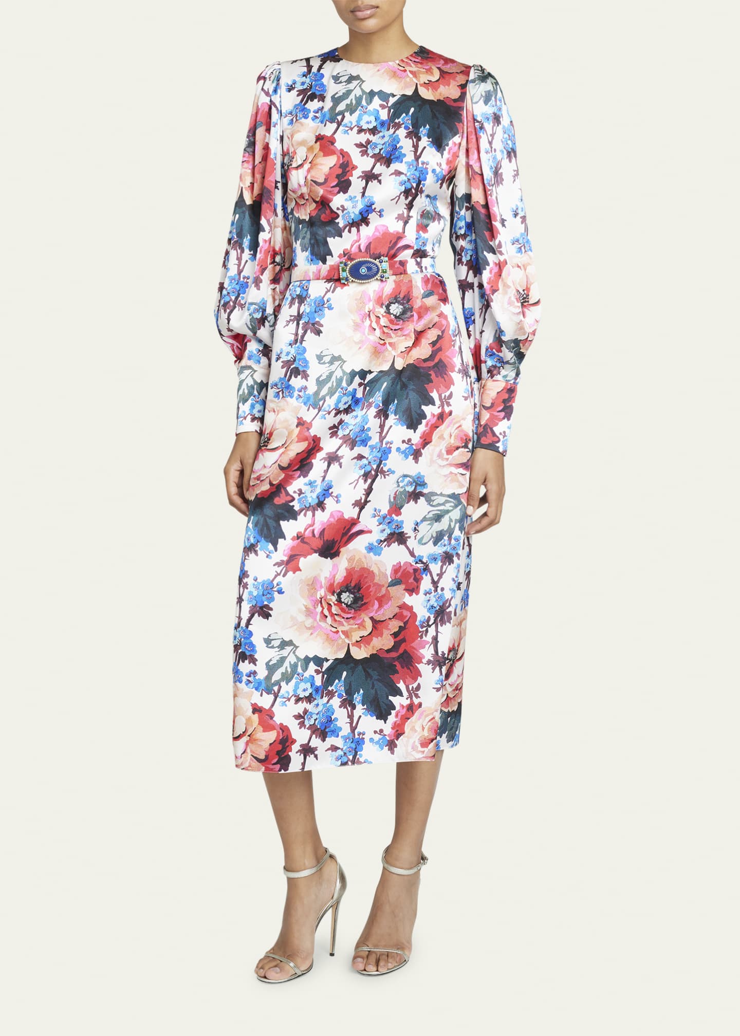 Andrew Gn Floral-Print Belted Puff-Sleeve Silk Midi Dress - Bergdorf ...