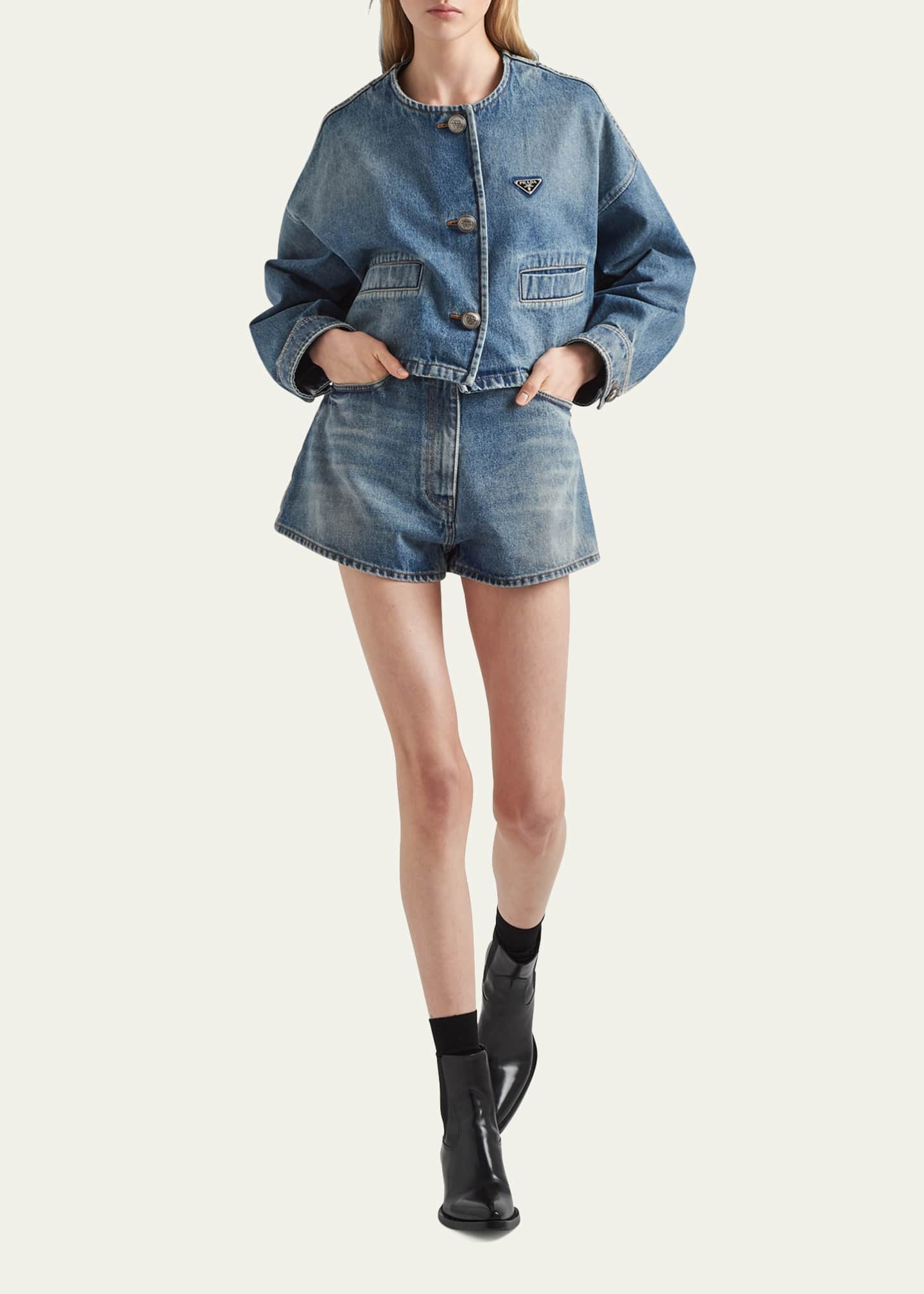 Prada Crop Collarless Denim Jacket Image 2 of 4