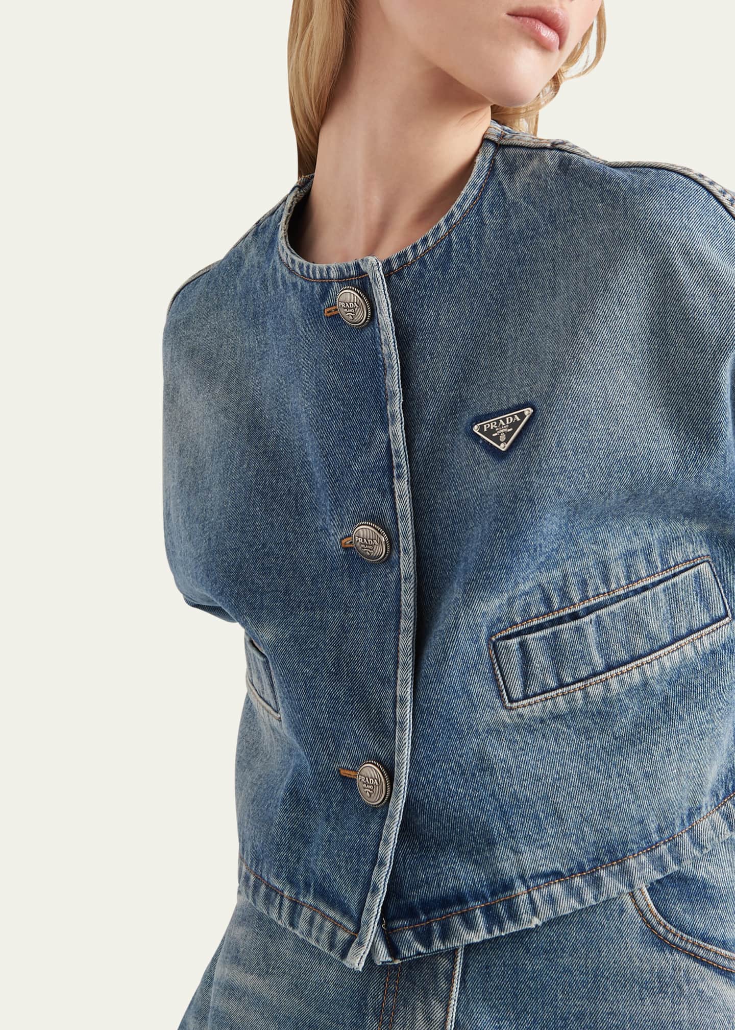 Prada Crop Collarless Denim Jacket Image 4 of 4