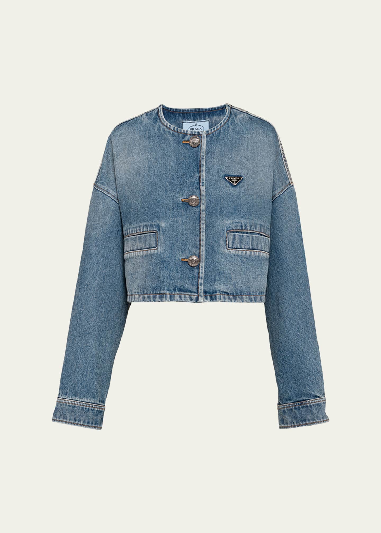Prada Crop Collarless Denim Jacket Image 1 of 4