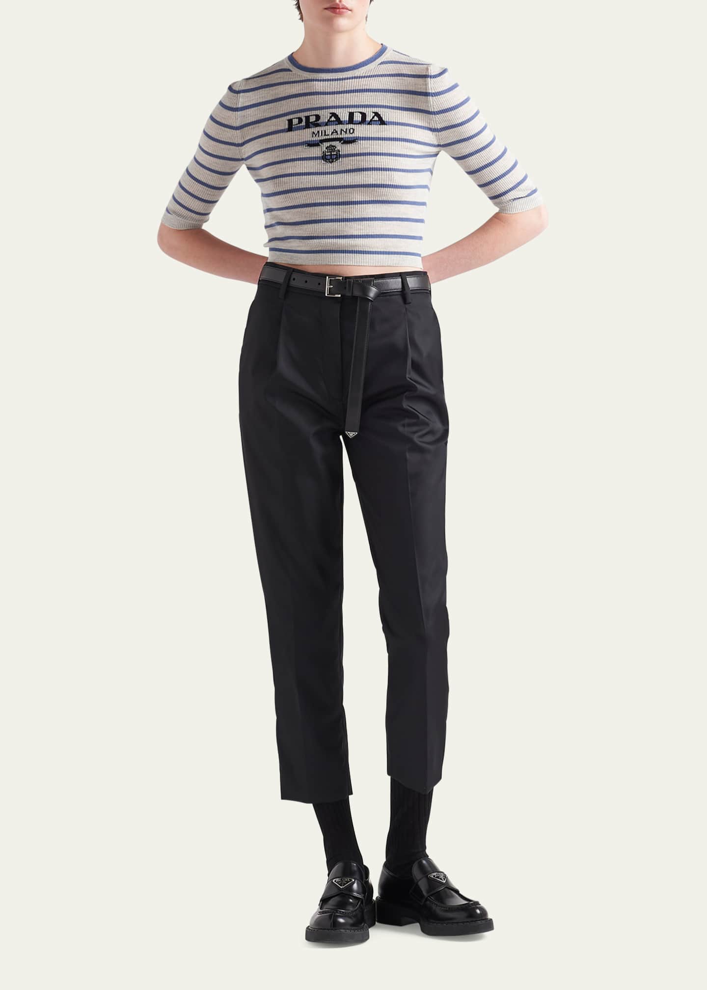 Prada Stripe Rib Logo-Intarsia Crop Wool Top Image 2 of 5