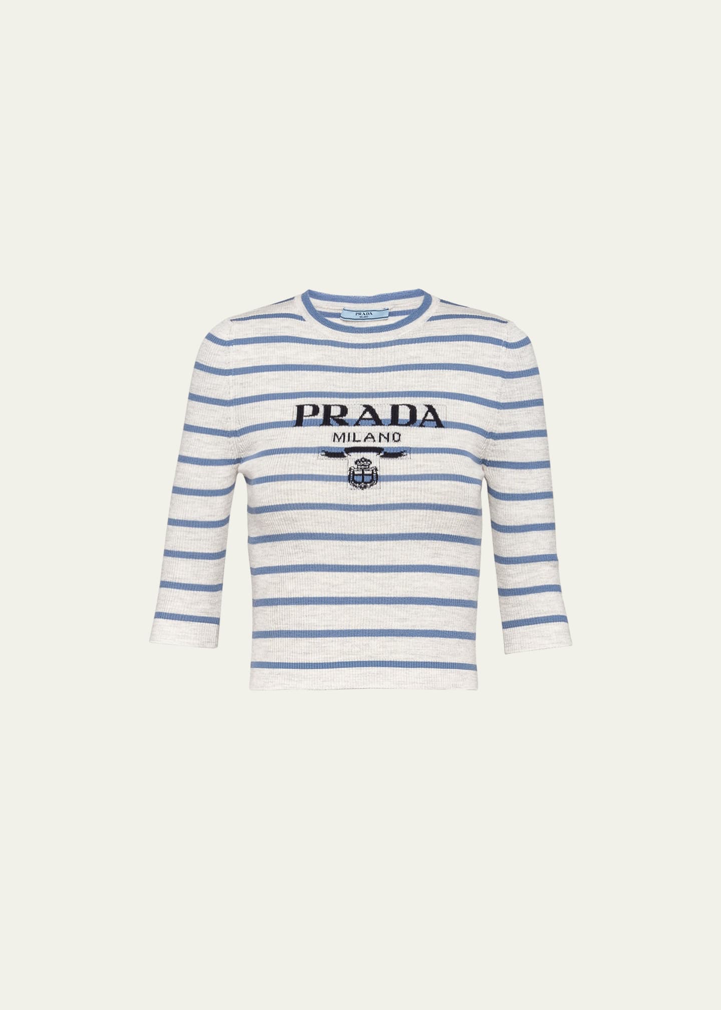 Prada Stripe Rib Logo-Intarsia Crop Wool Top Image 1 of 5