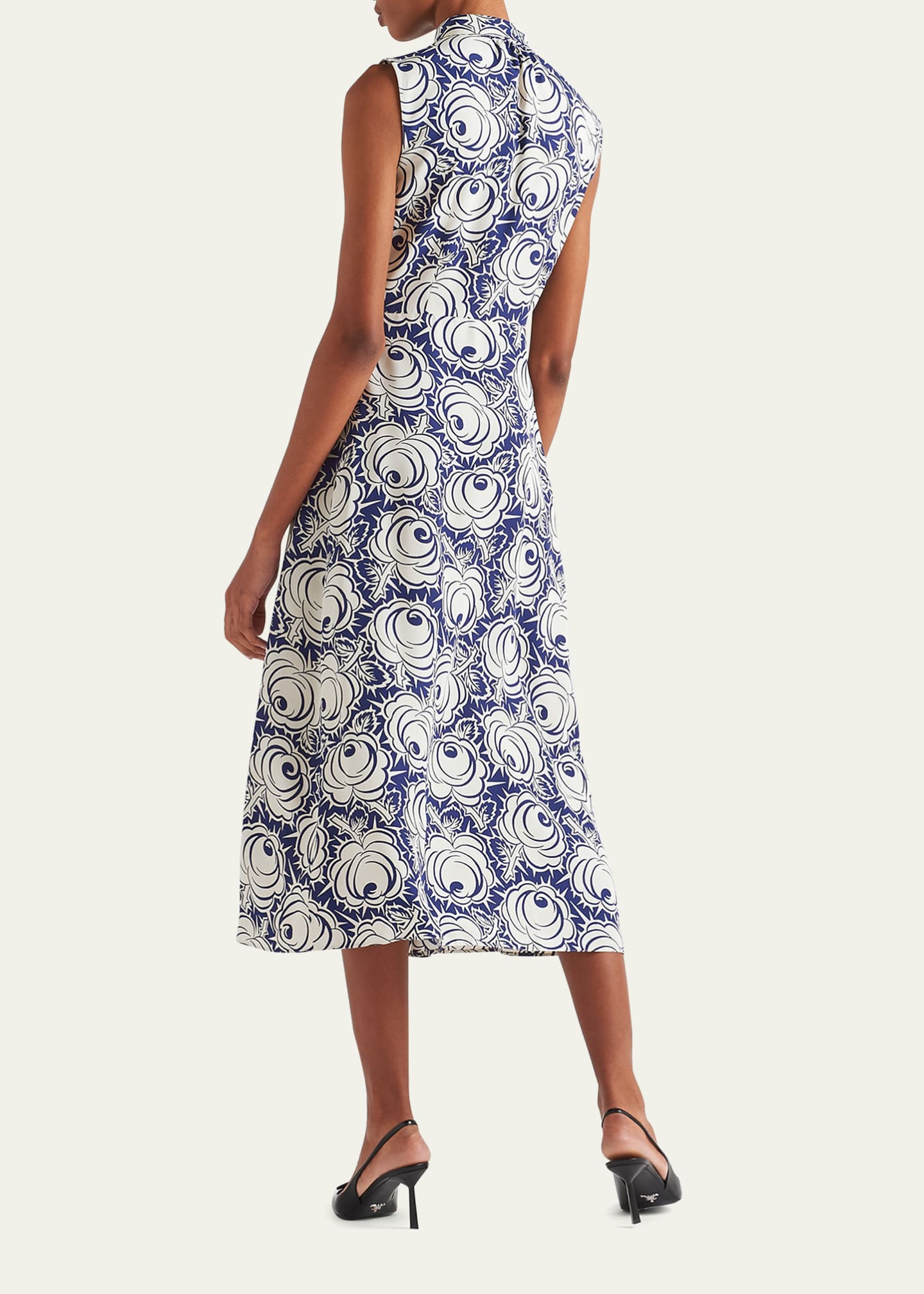 Prada Floral-Print Midi Dress with Scarf Neck Image 3 of 4