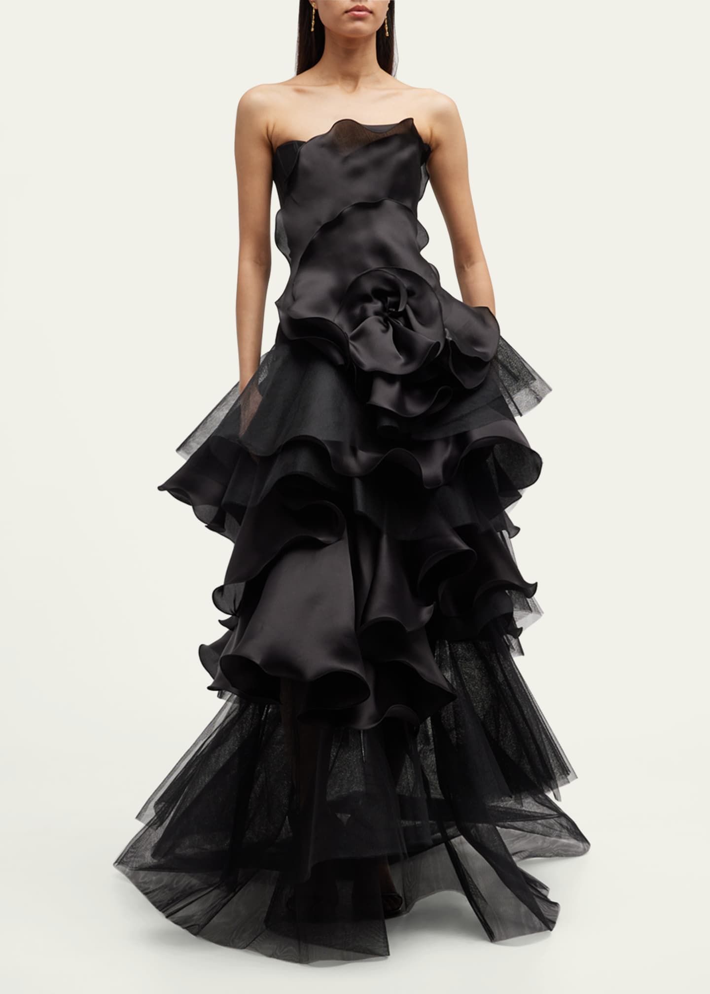 Marchesa Tiered Column Gown with Satin-Faced Rose Detail - Bergdorf Goodman