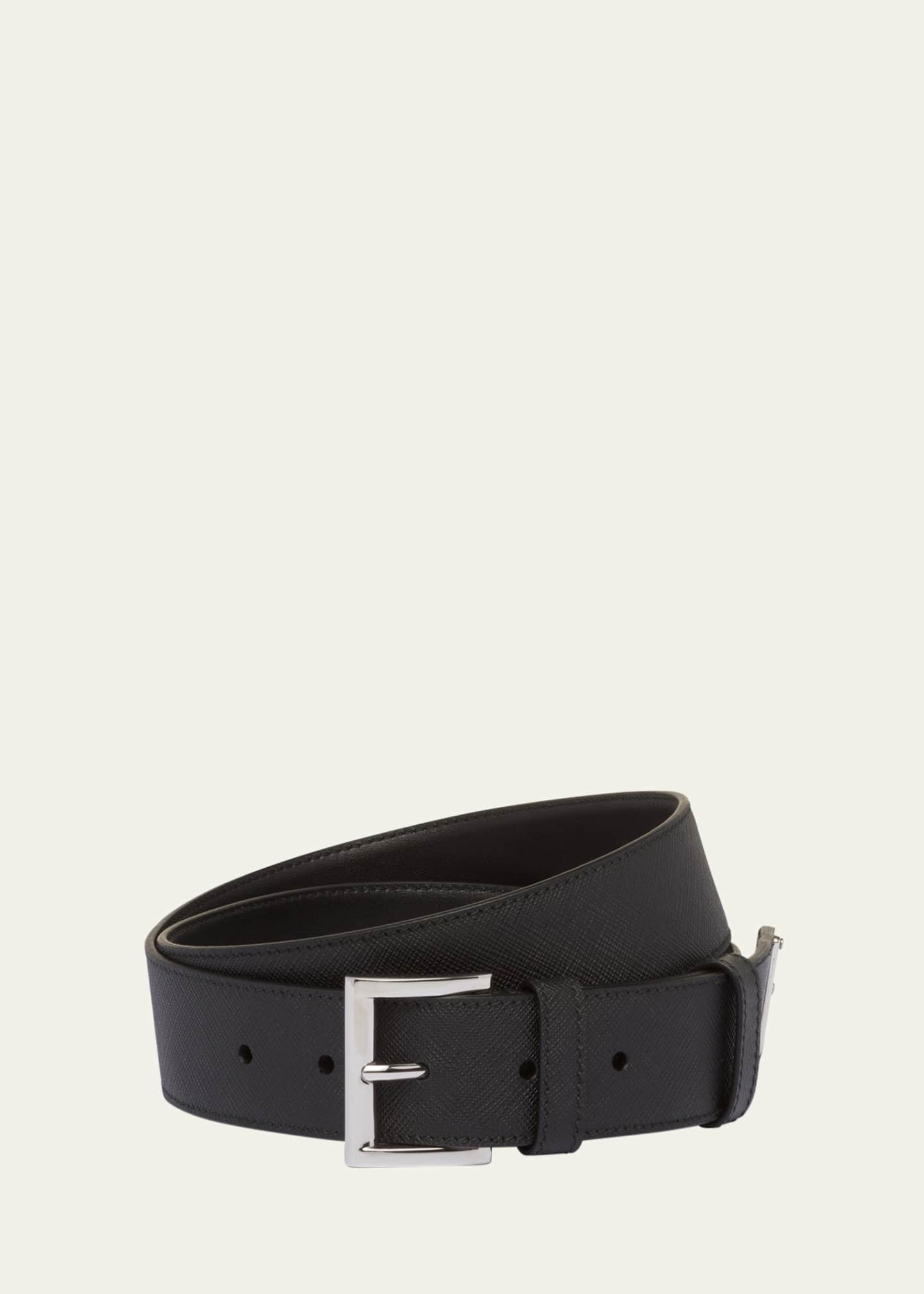 Prada Men's Triangle Logo Saffiano Leather Belt