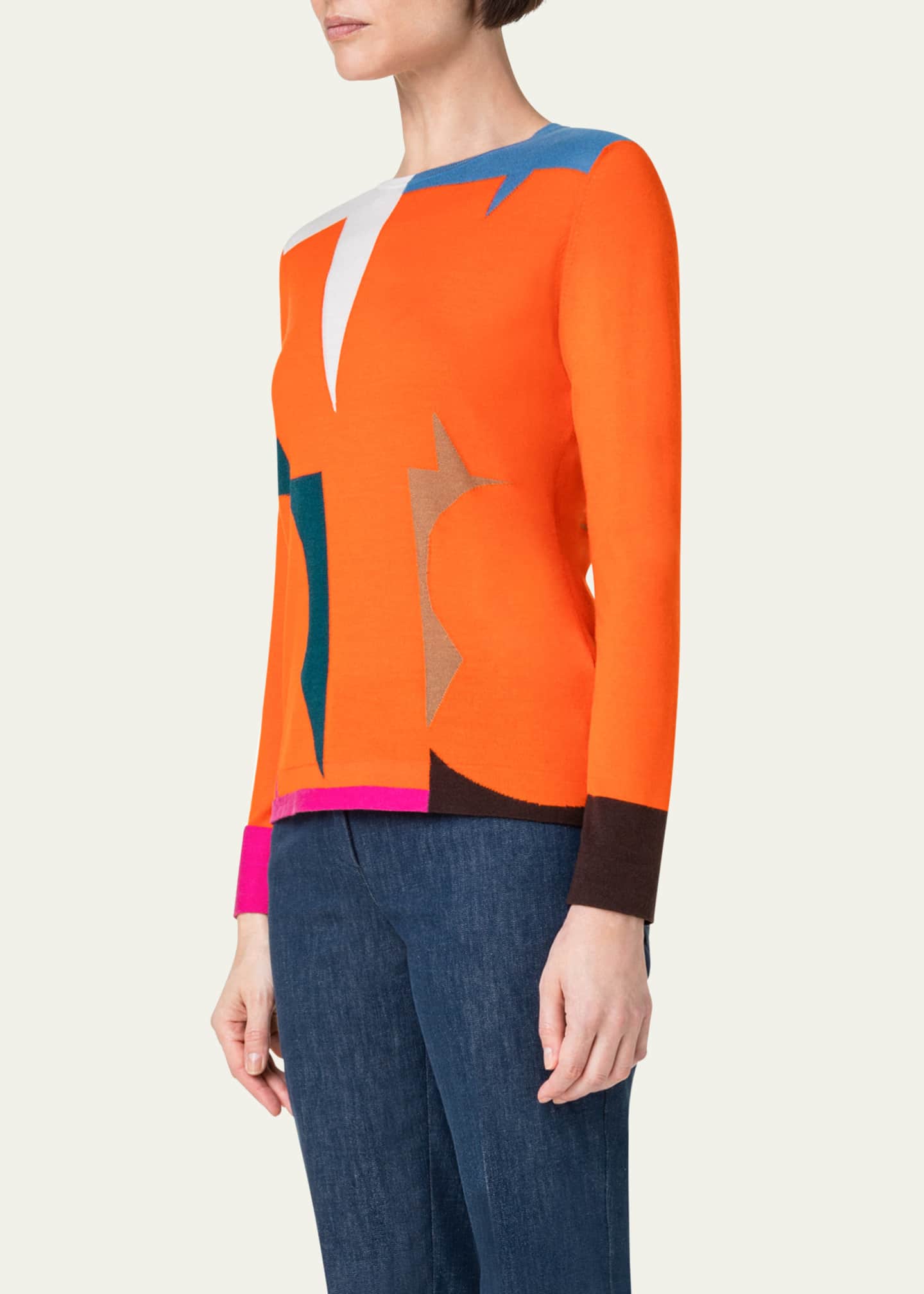 Akris Wool-Blend Knit Sweater with Colorblock Intarsia Detail