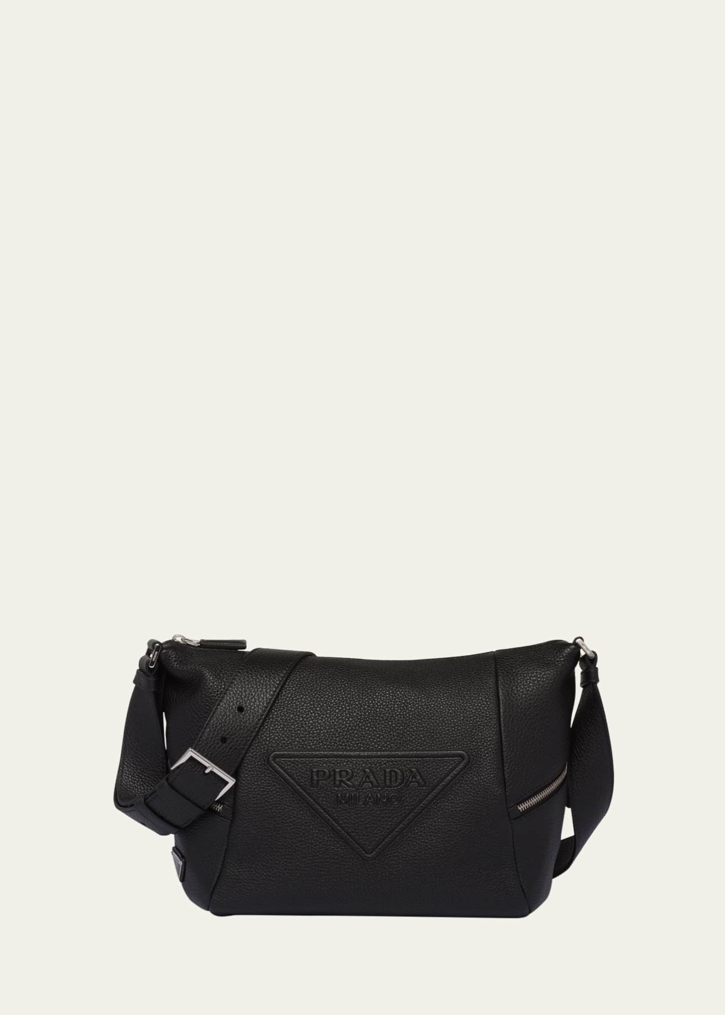 Prada embossed store logo leather handbag