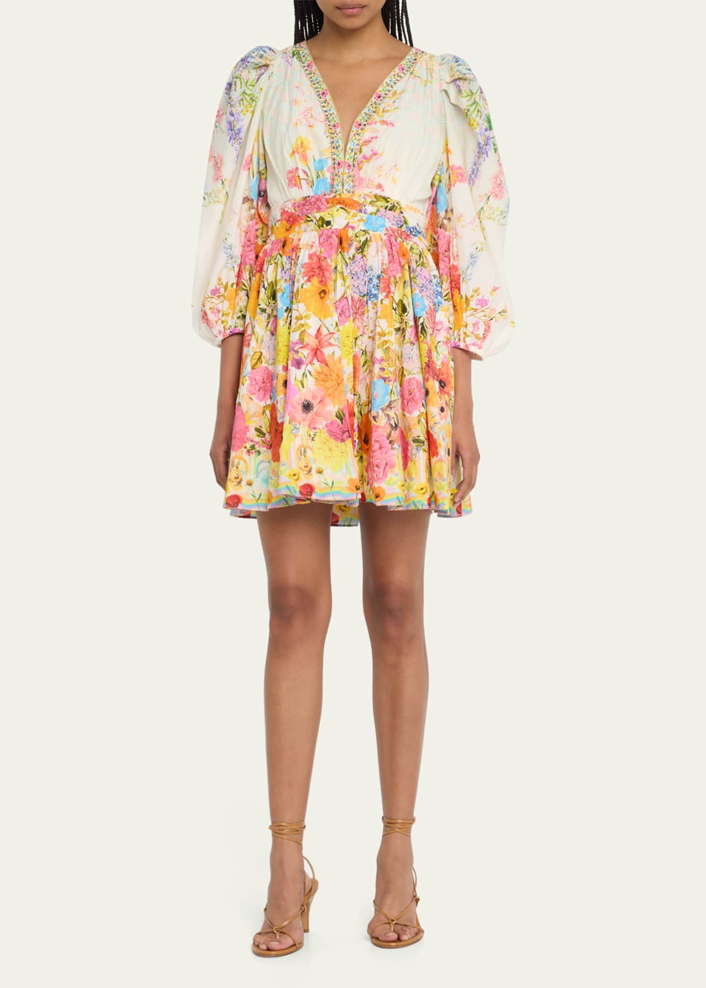 Camilla Blouson-Sleeve Flared Cotton-Silk Mini Dress - Bergdorf Goodman