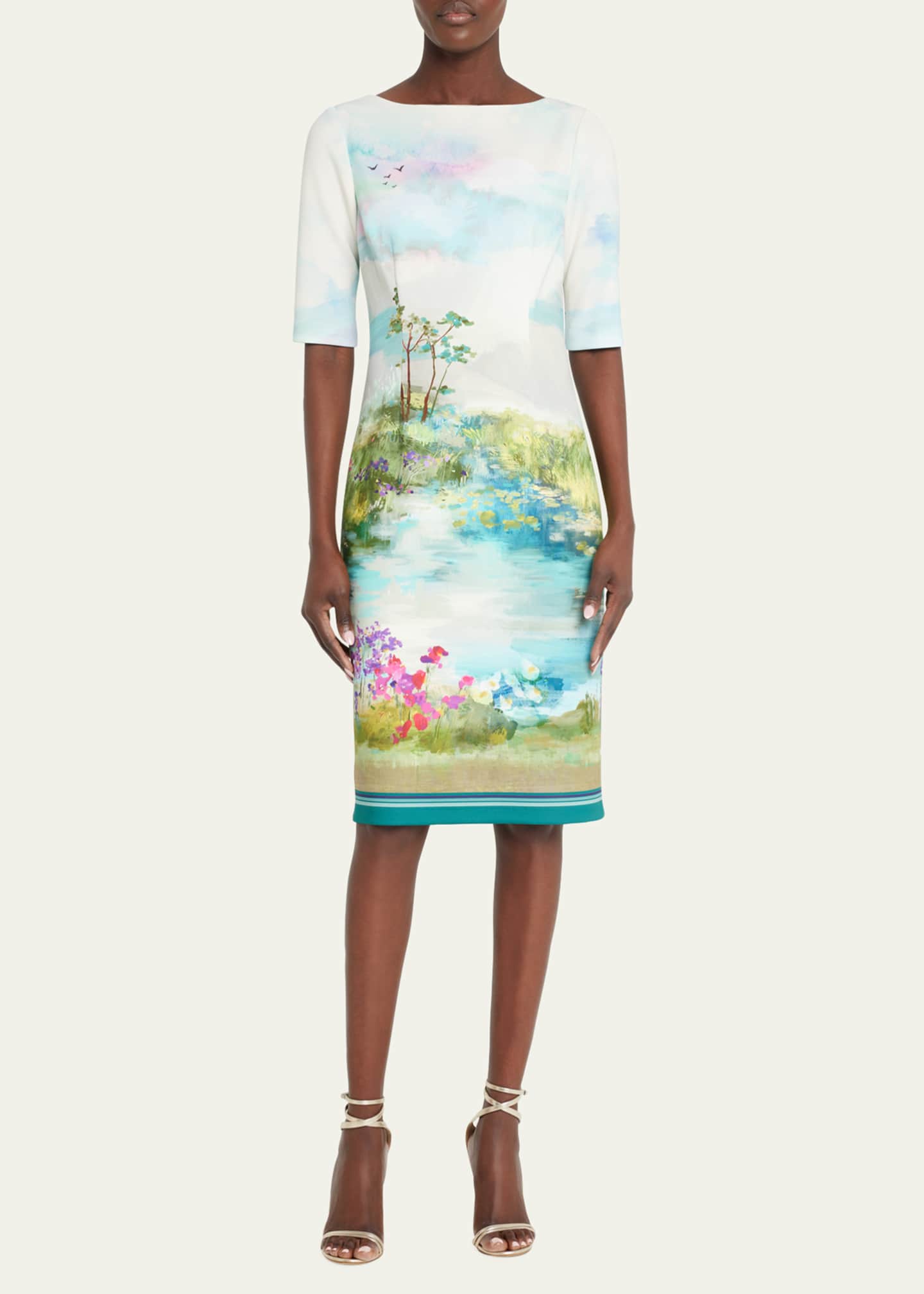 Rickie Freeman for Teri Jon ScenicPrint ElbowSleeve Scuba Dress