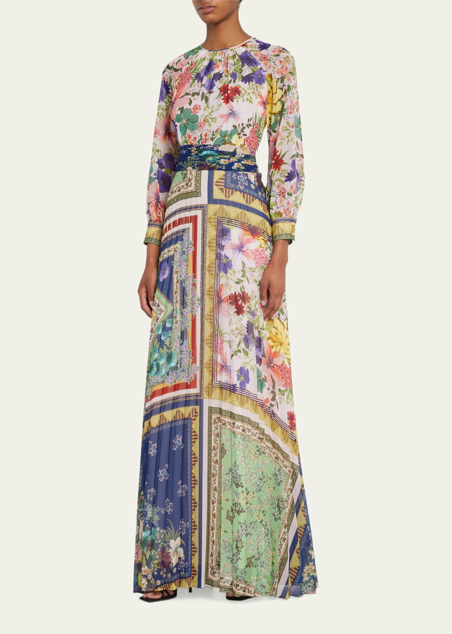 Rickie Freeman for Teri Jon Pleated Floral-Print Chiffon Gown ...