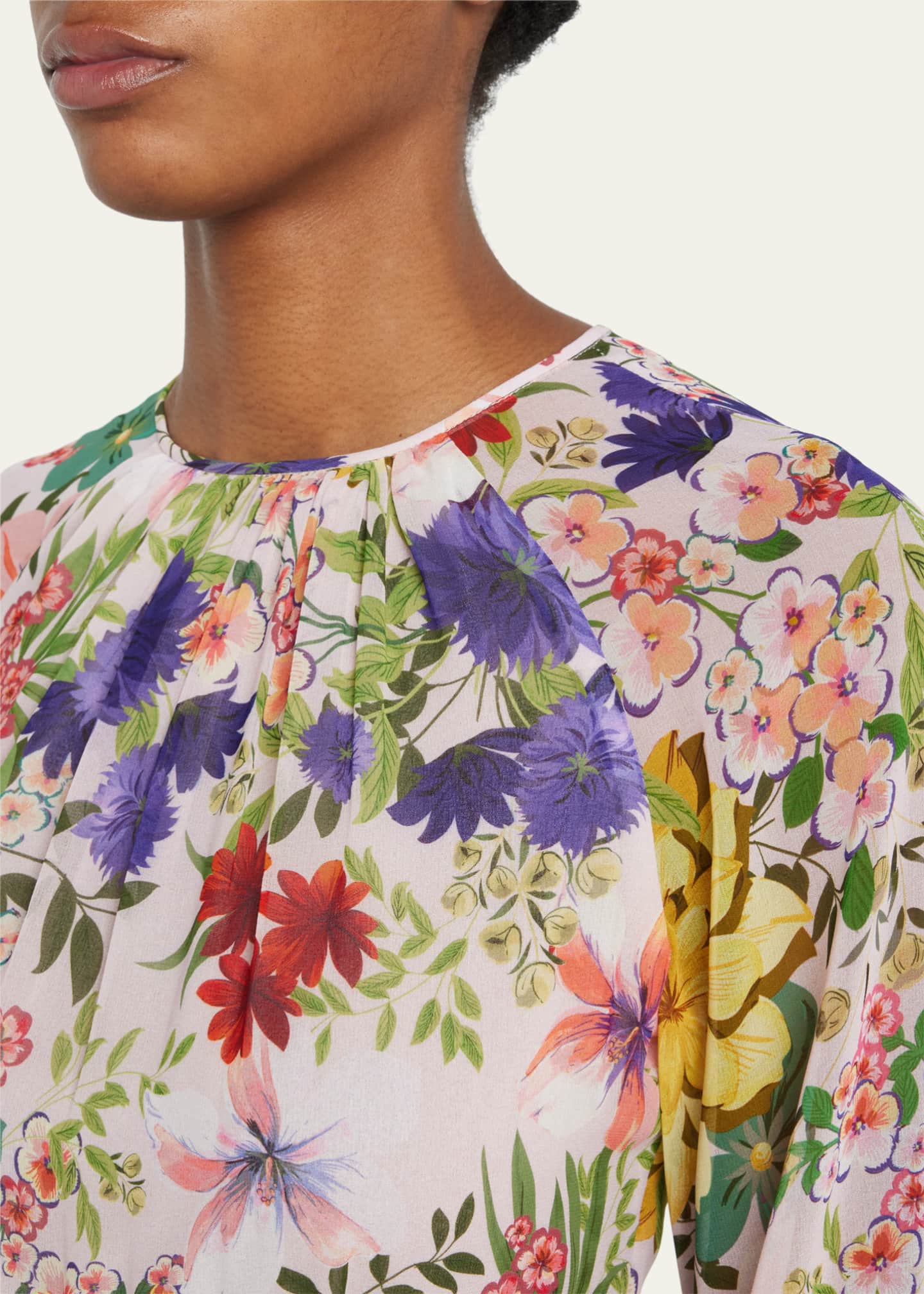 Rickie Freeman for Teri Jon Pleated FloralPrint Chiffon Gown