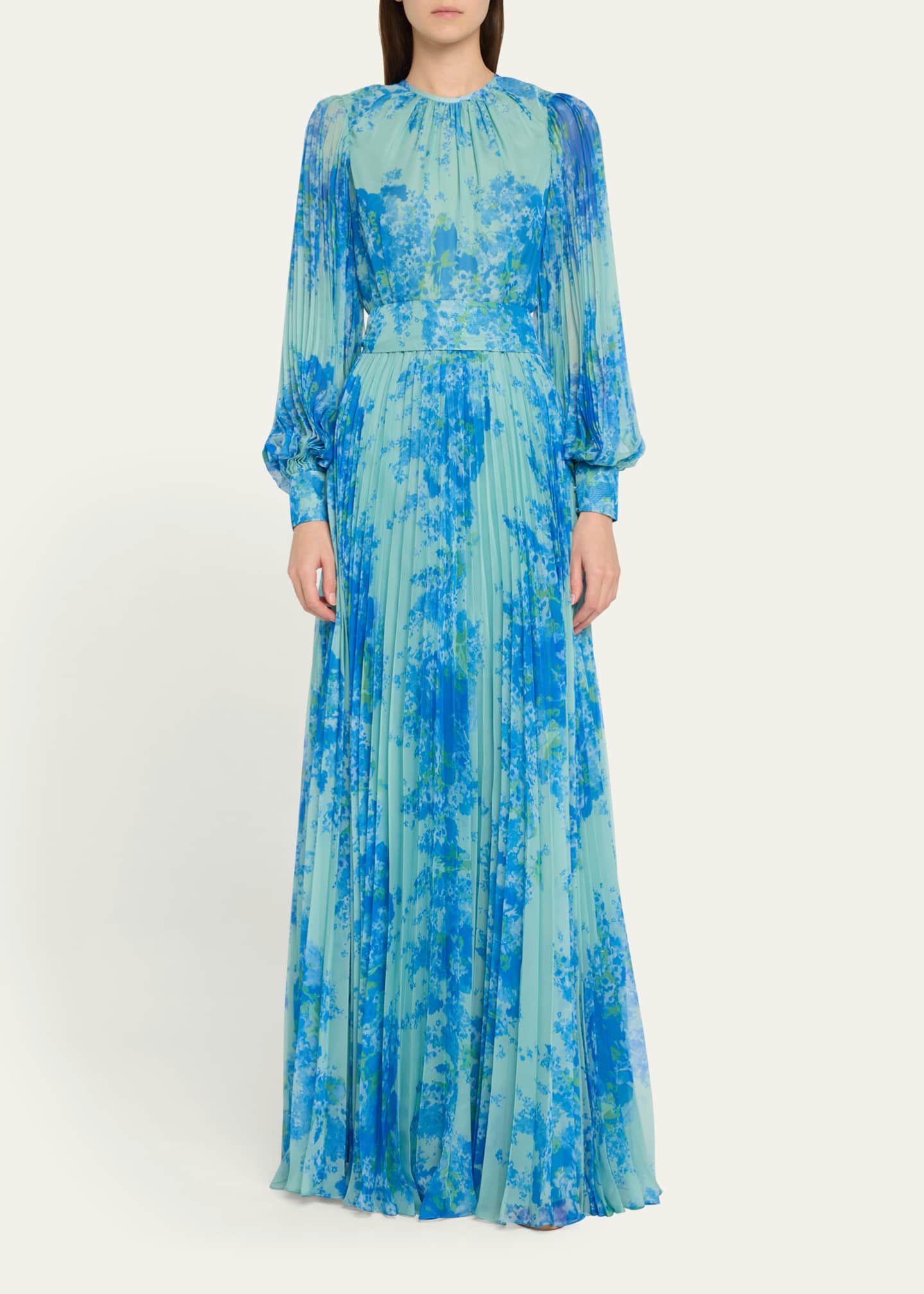 Rickie Freeman for Teri Jon Pleated Floral-Print Blouson-Sleeve Gown Image 2 of 5