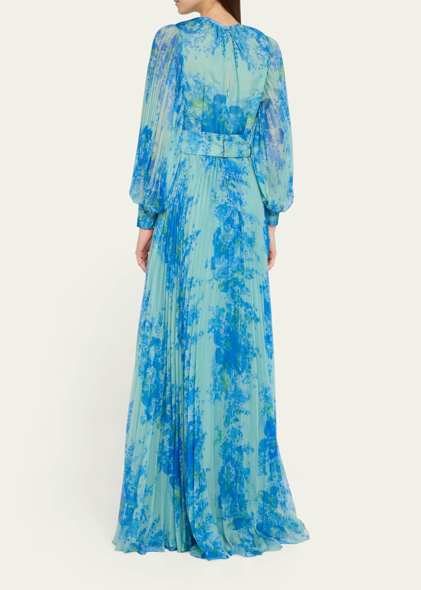 Rickie Freeman for Teri Jon Pleated Floral-Print Blouson-Sleeve Gown Image 3 of 5