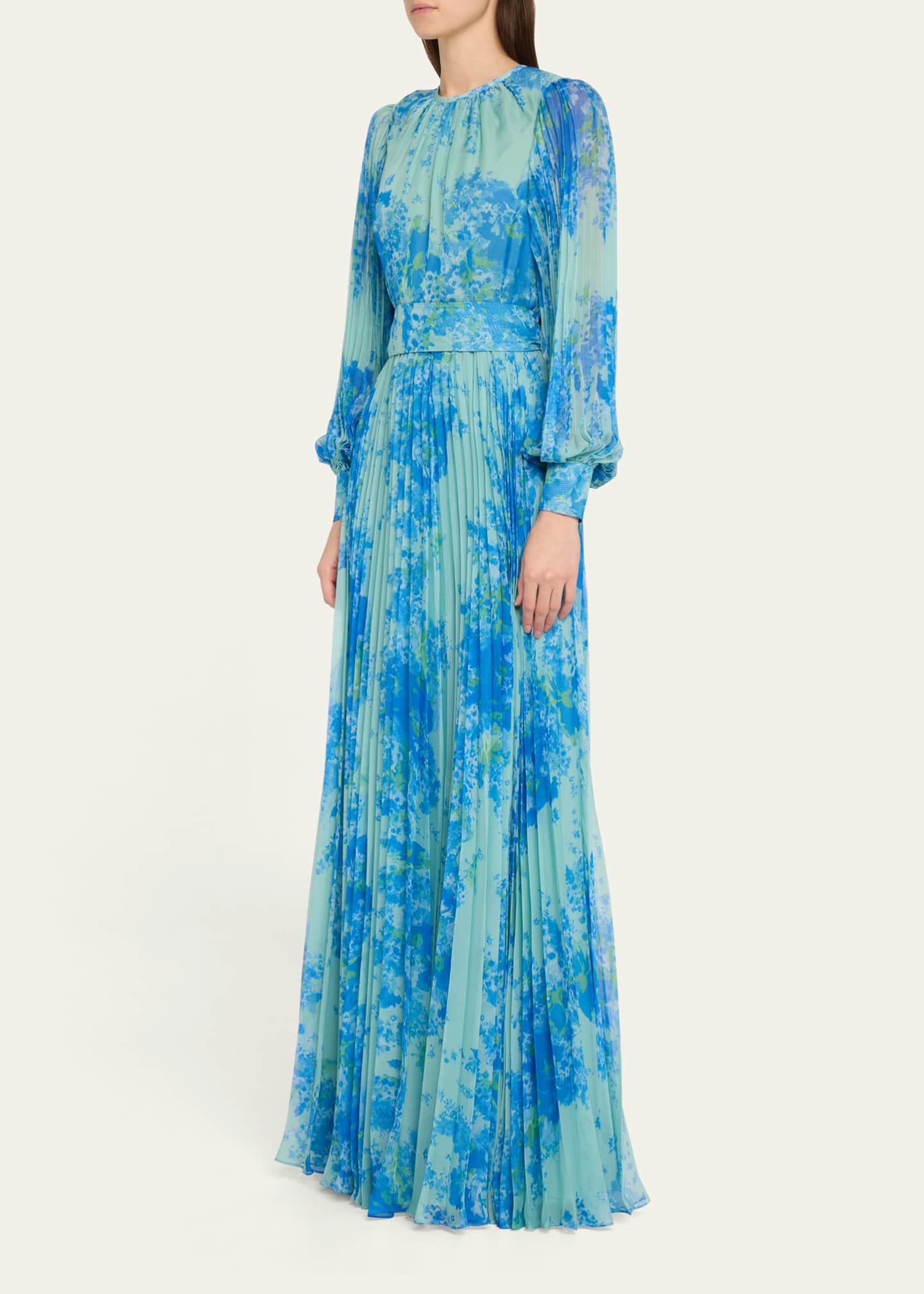 Rickie Freeman for Teri Jon Pleated Floral-Print Blouson-Sleeve Gown Image 4 of 5