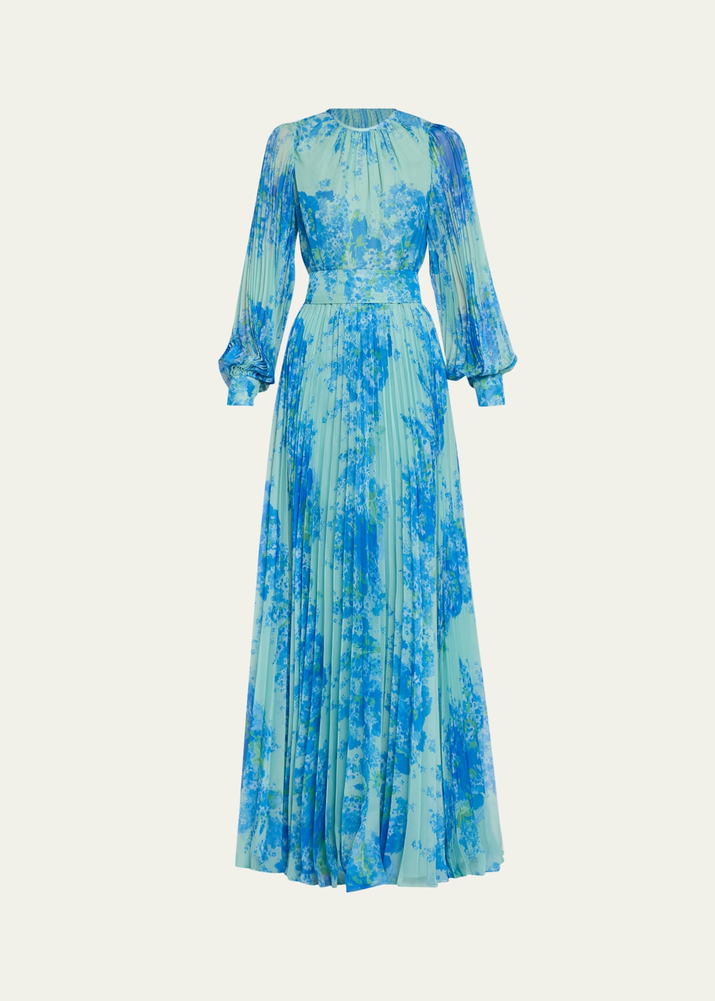 Rickie Freeman for Teri Jon Pleated Floral-Print Blouson-Sleeve Gown Image 1 of 5