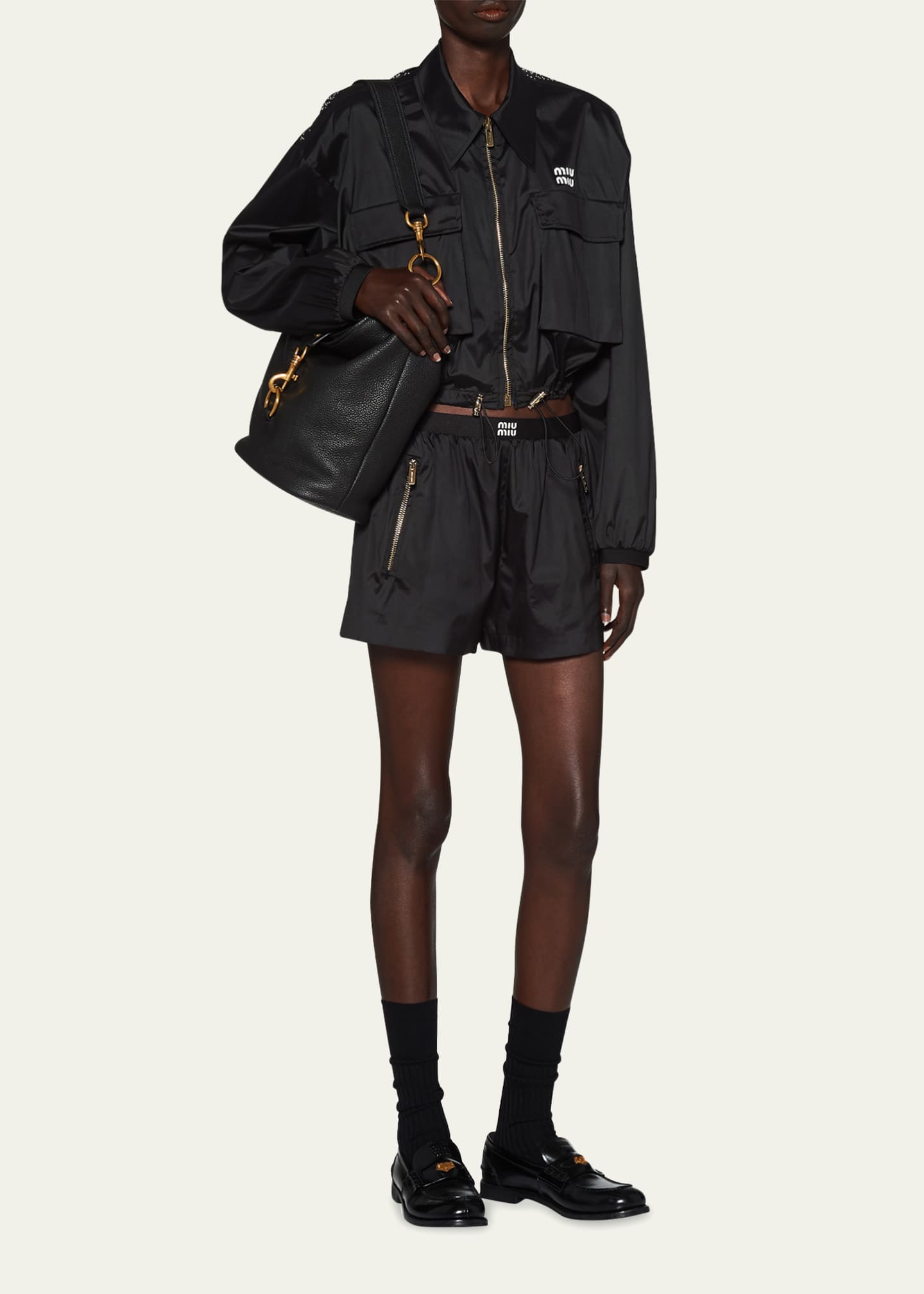 Miu Miu Logo-Print Technical Silk Shorts Image 2 of 5