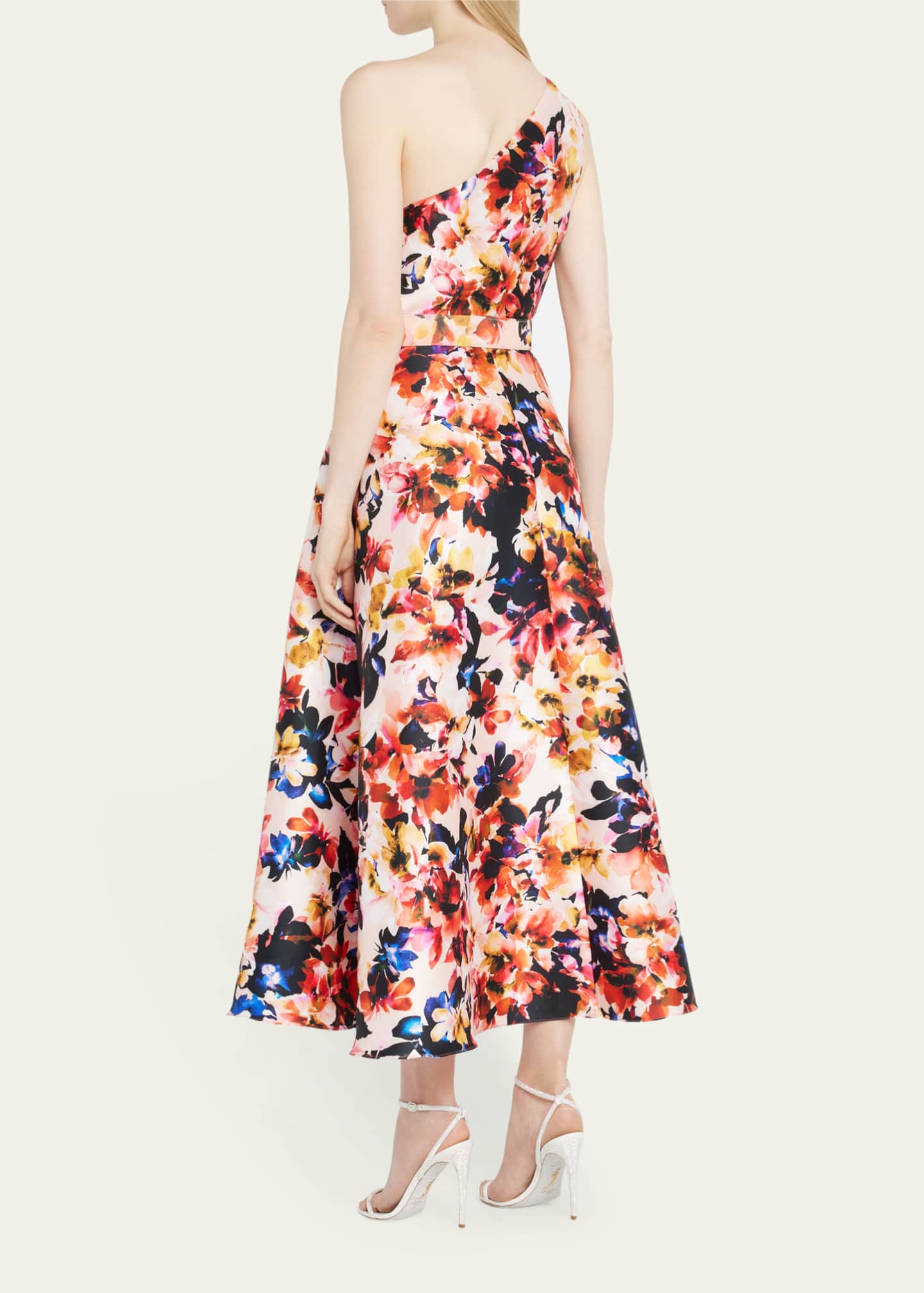 Badgley Mischka Collection Pleated One-Shoulder Floral-Print Midi Dress ...