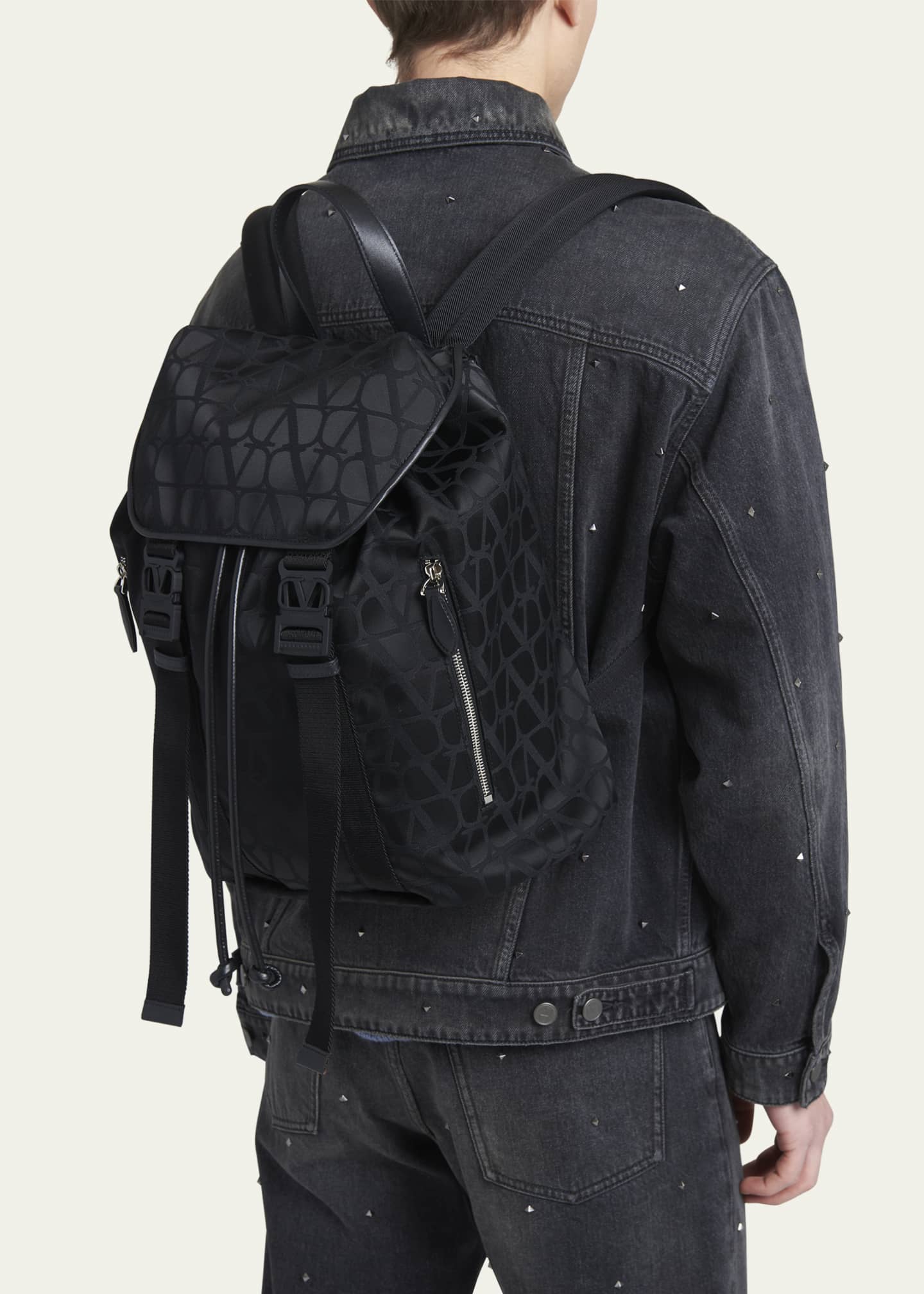 Valentino Garavani Men's Toile Iconographe Backpack with Leather Detailing - Black - Backpacks