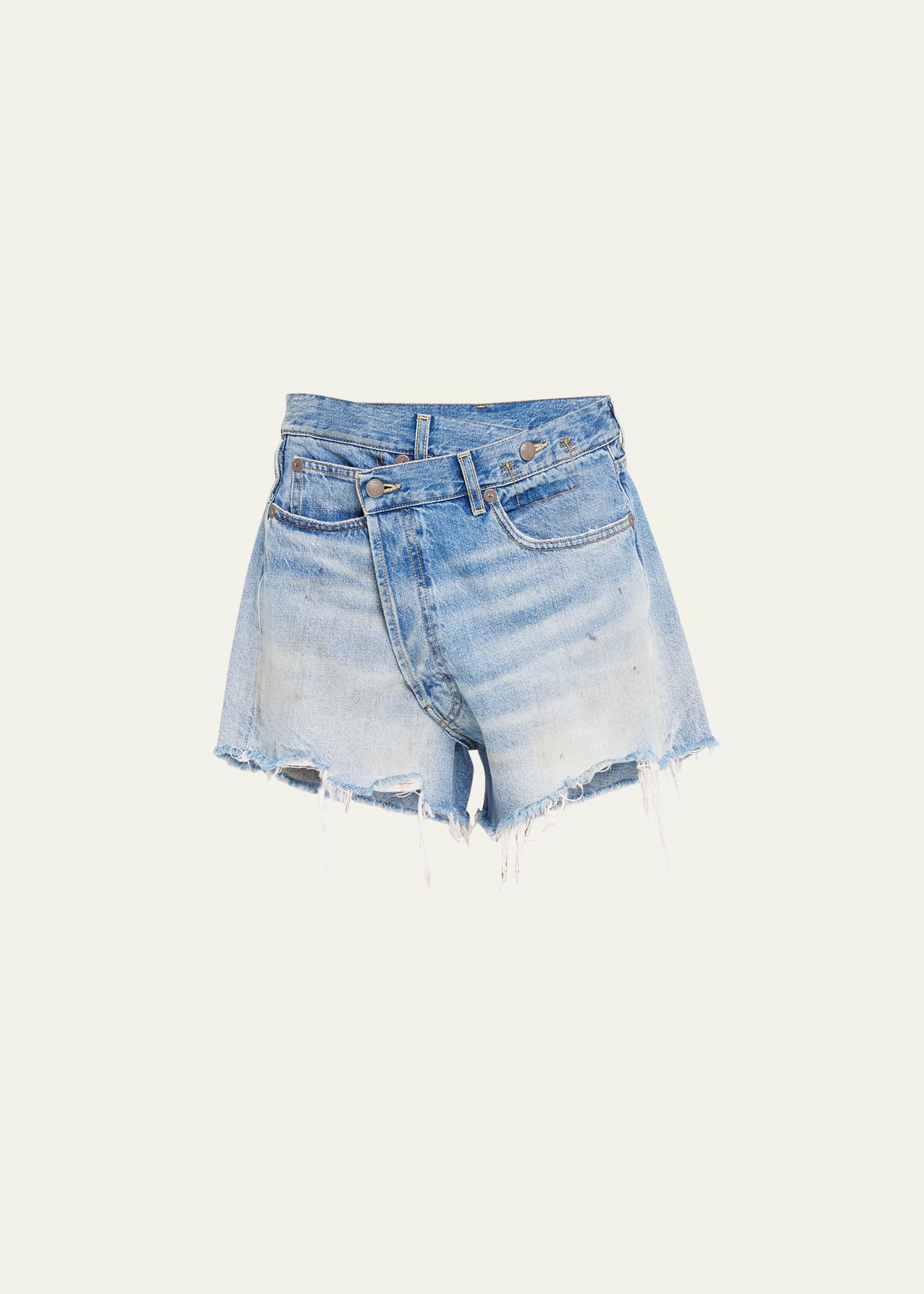 Asymmetrical Crossover Distressed Denim Shorts