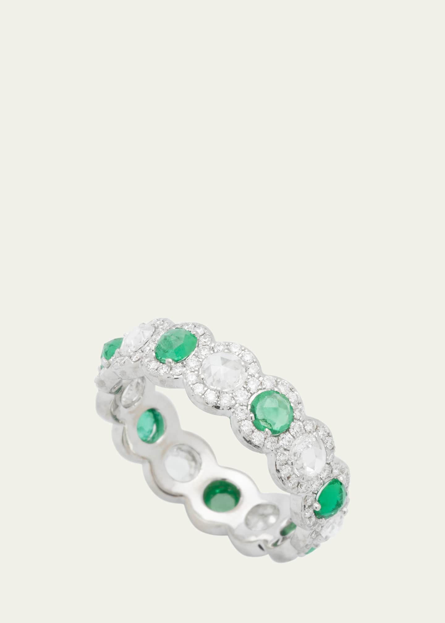 64 Facets 8K WHite Gold Scallop Diamond and Emerald Eternity Band